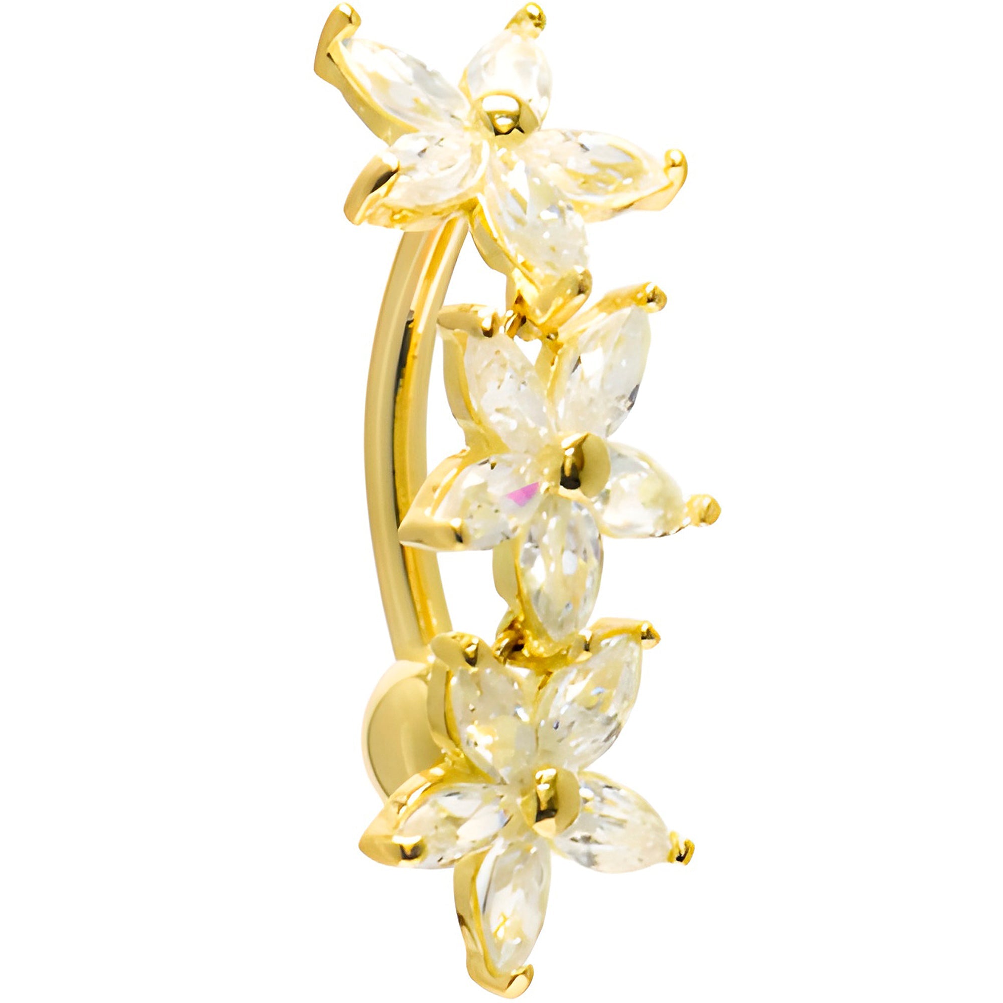BodyCandy 16G Solid 14K Yellow Gold Top Mount Cubic Zirconia Lily Drop Belly Ring — detail close-up