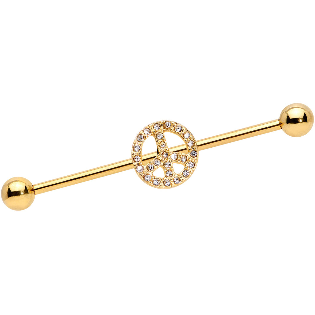 BodyCandy 14G Clear Gem Gold Tone Peace Sign Industrial Barbell 38mm — main product shot