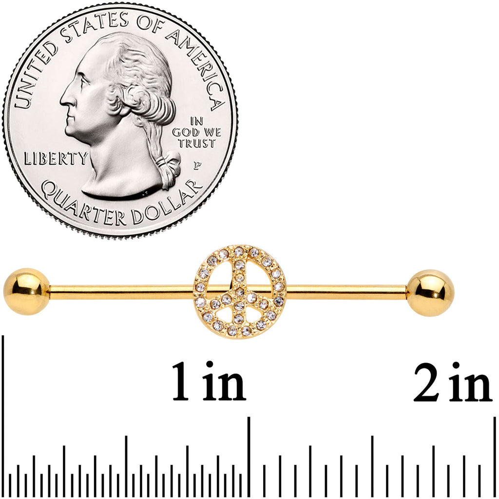 BodyCandy 14G Clear Gem Gold Tone Peace Sign Industrial Barbell 38mm — detail close-up