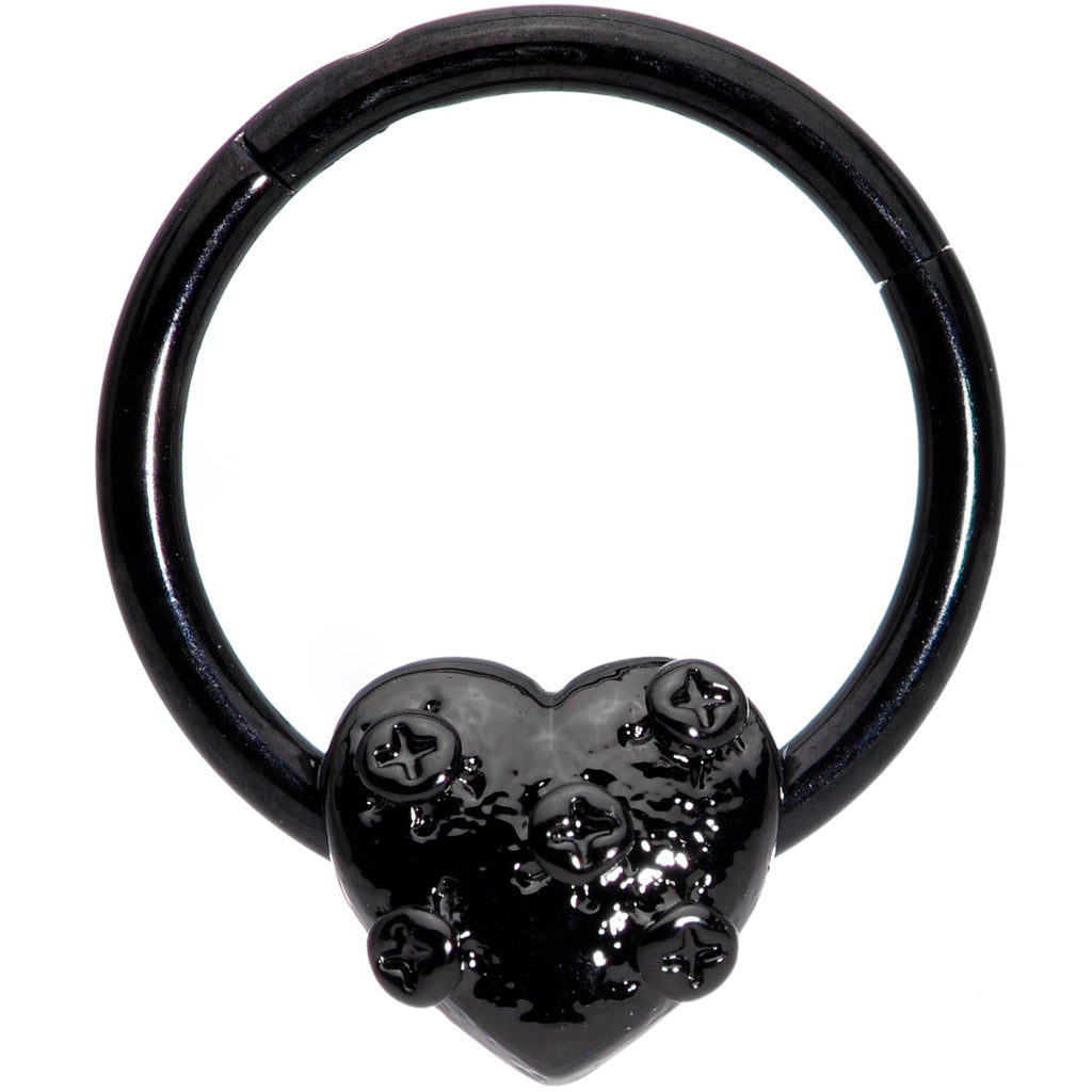 BodyCandy 16G 3/8 Black Heart Valentines Day Hinged Segment Ring — main product shot