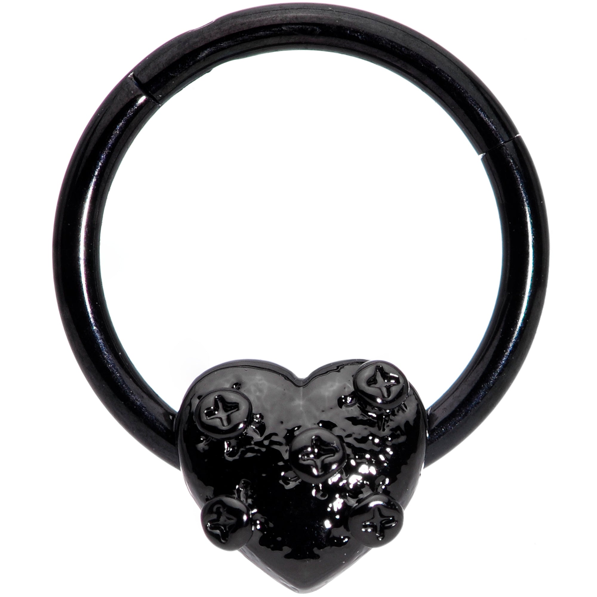 BodyCandy 16G 3/8 Black Heart Valentines Day Hinged Segment Ring — main product shot