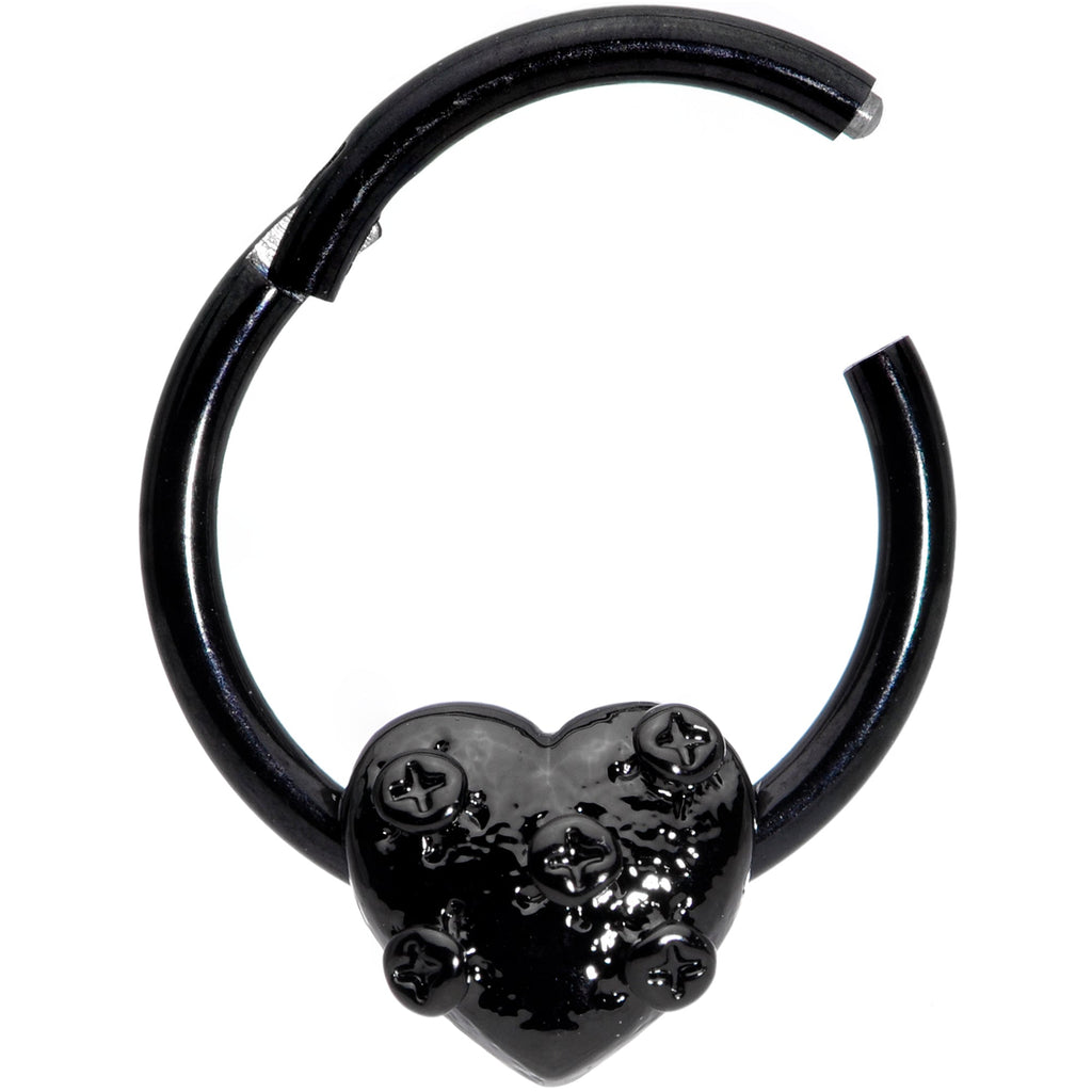 BodyCandy 16G 3/8 Black Heart Valentines Day Hinged Segment Ring — detail close-up