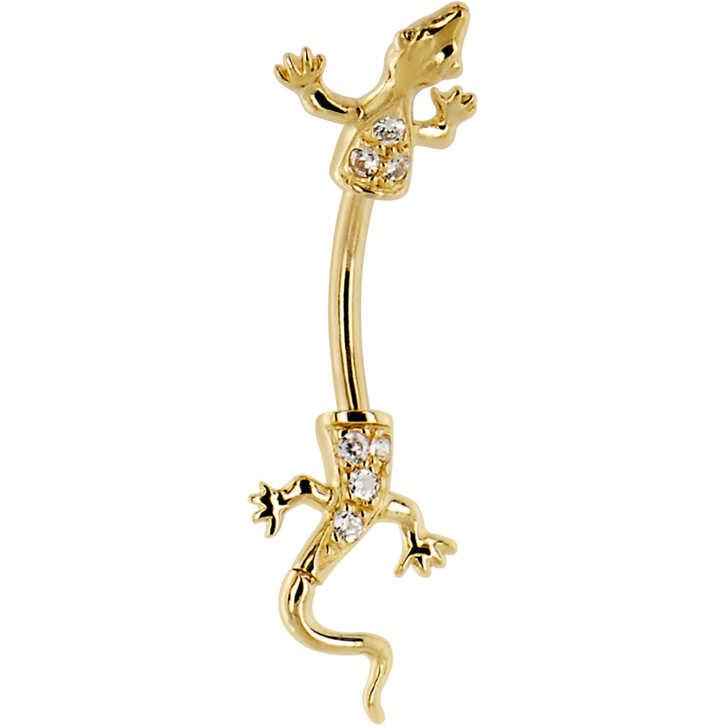 BodyCandy 16G Solid 14K Yellow Gold Cubic Zirconia LIZARD Belly Ring — detail close-up