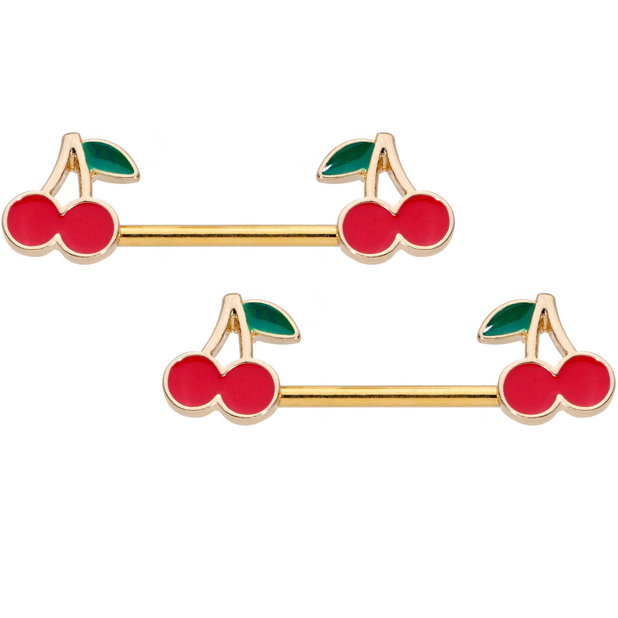 BodyCandy 14G 9/16 Gold Tone Charming Cherries Barbell Nipple Ring Set — main product shot