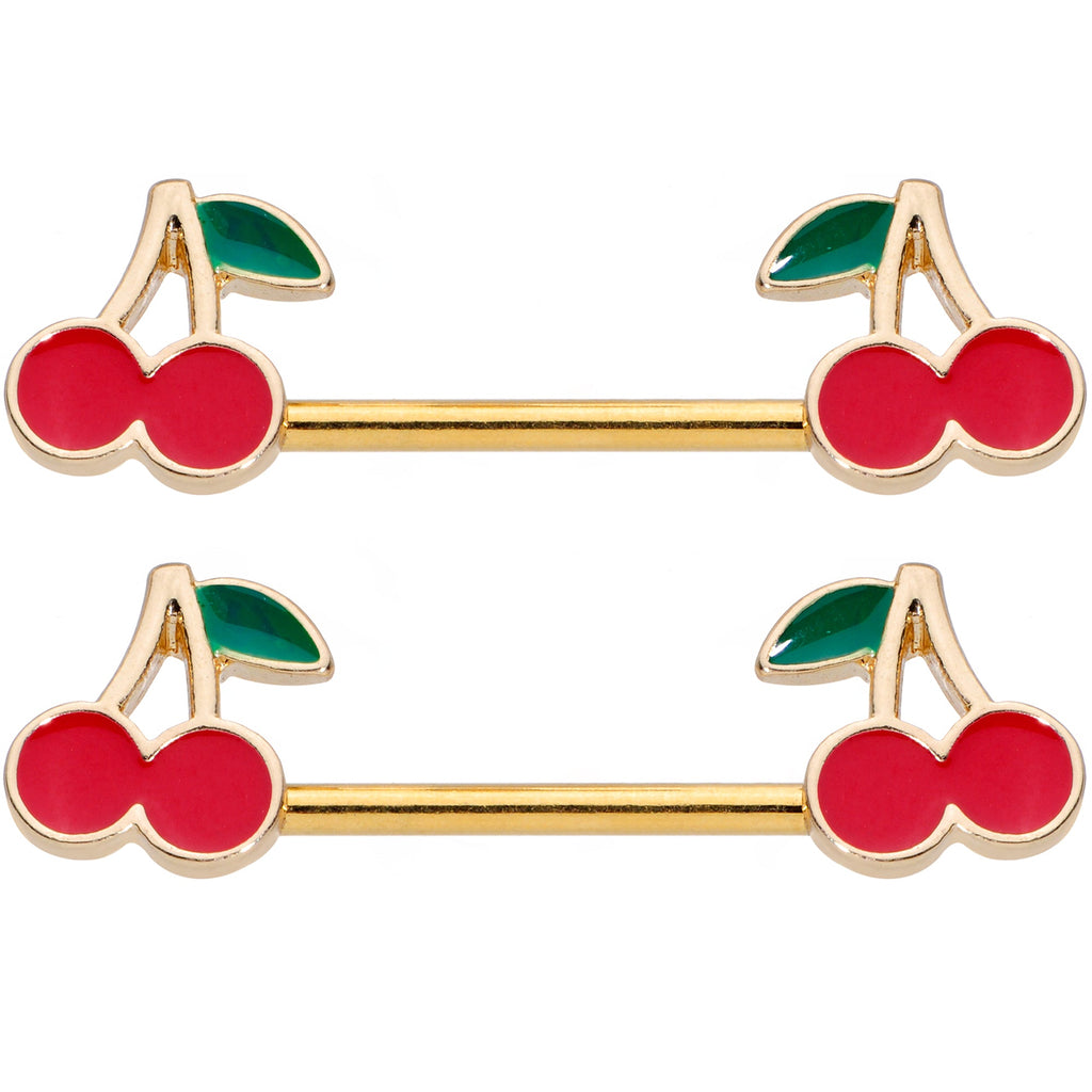 BodyCandy 14G 9/16 Gold Tone Charming Cherries Barbell Nipple Ring Set — detail close-up