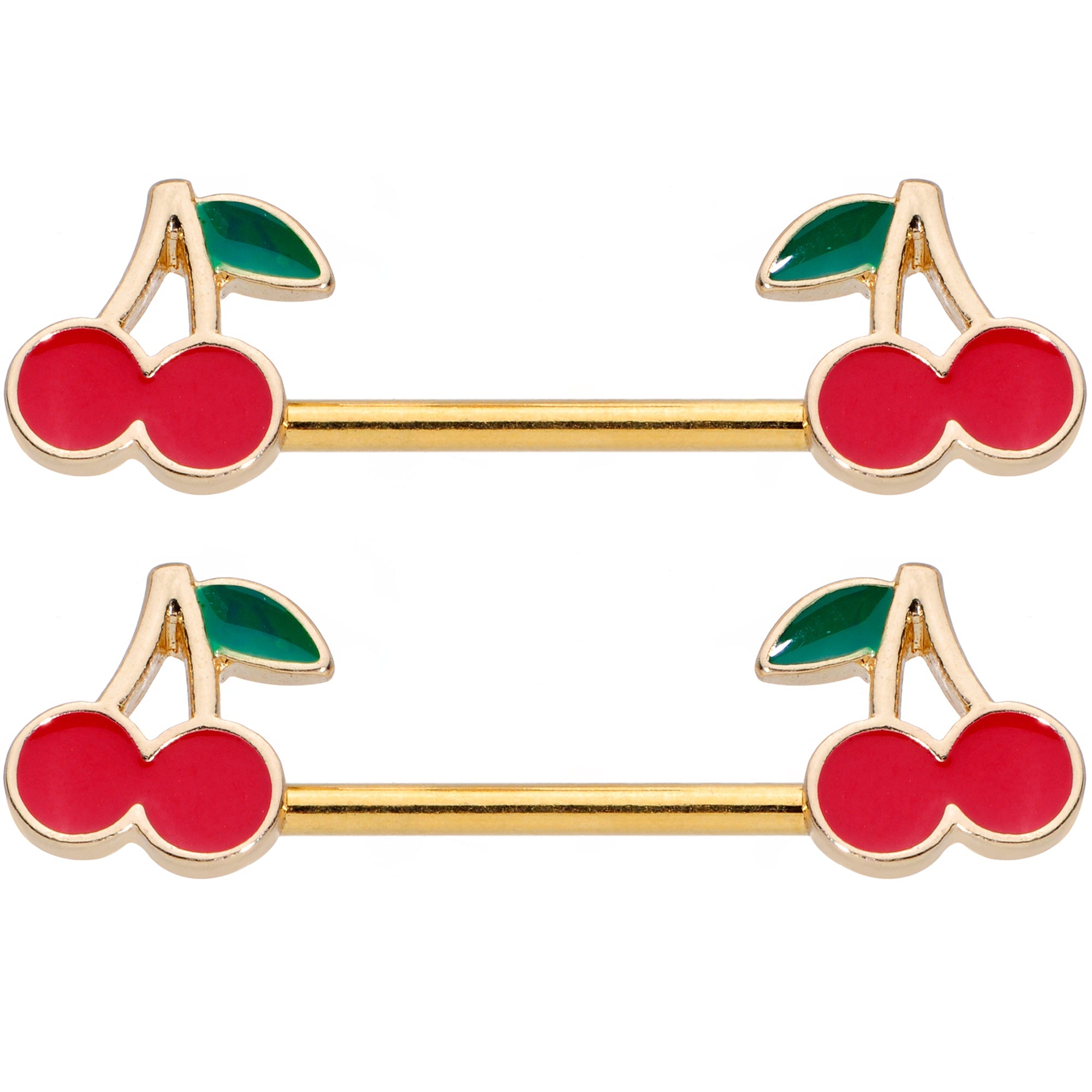 BodyCandy 14G 9/16 Gold Tone Charming Cherries Barbell Nipple Ring Set — detail close-up