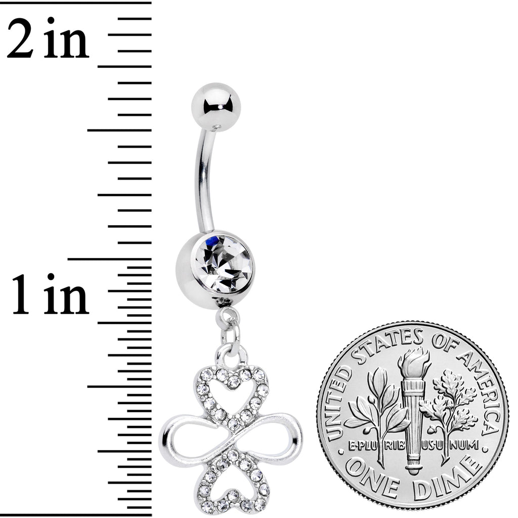 BodyCandy Clear Gem Heart Shamrock St Patricks Day Dangle Belly Ring — detail close-up