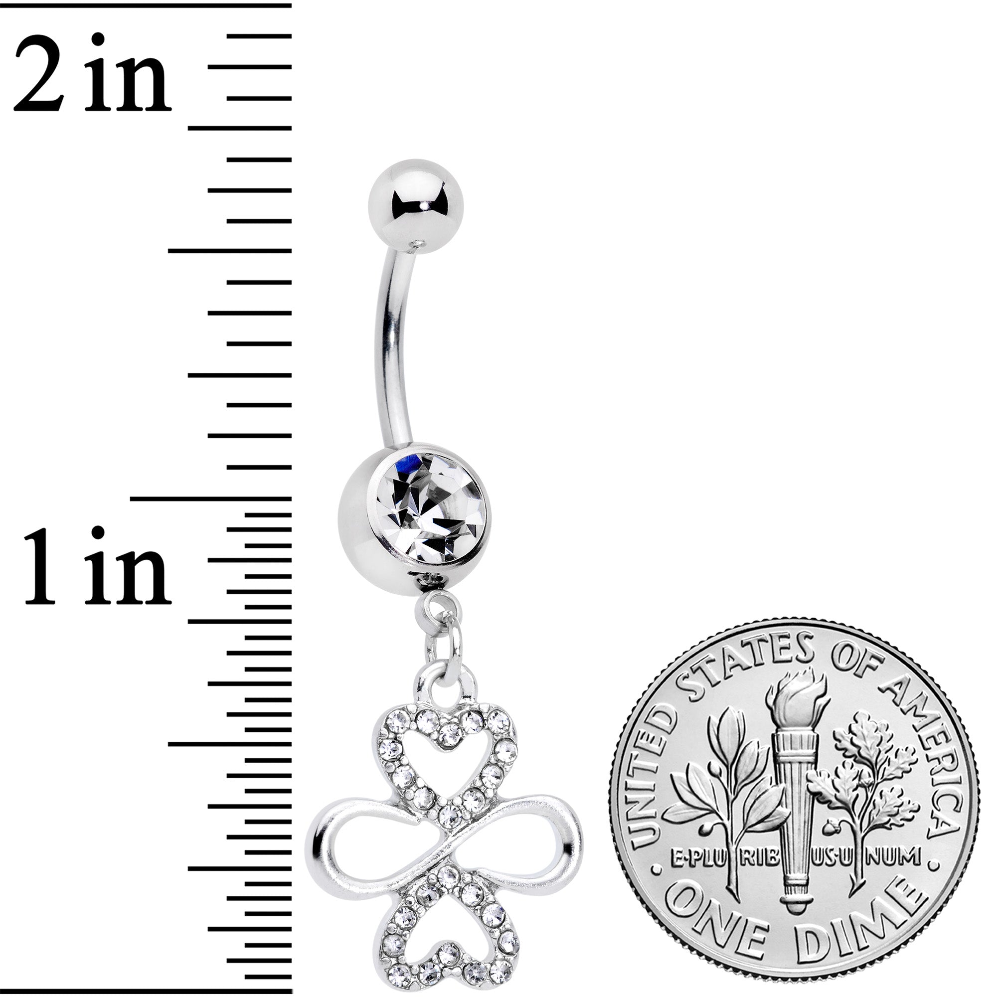 BodyCandy Clear Gem Heart Shamrock St Patricks Day Dangle Belly Ring — detail close-up