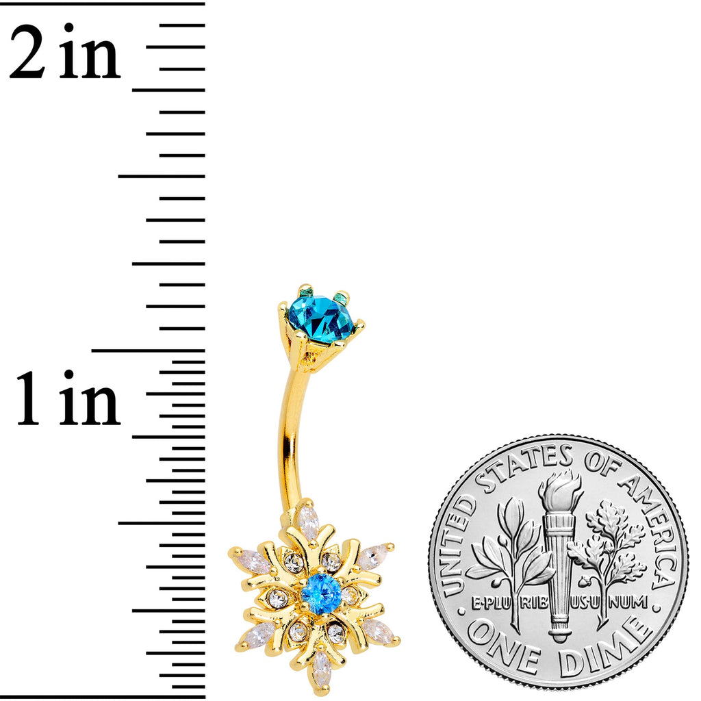 BodyCandy Blue CZ Gem Gold Tone Snowflake Christmas Belly Ring — detail close-up