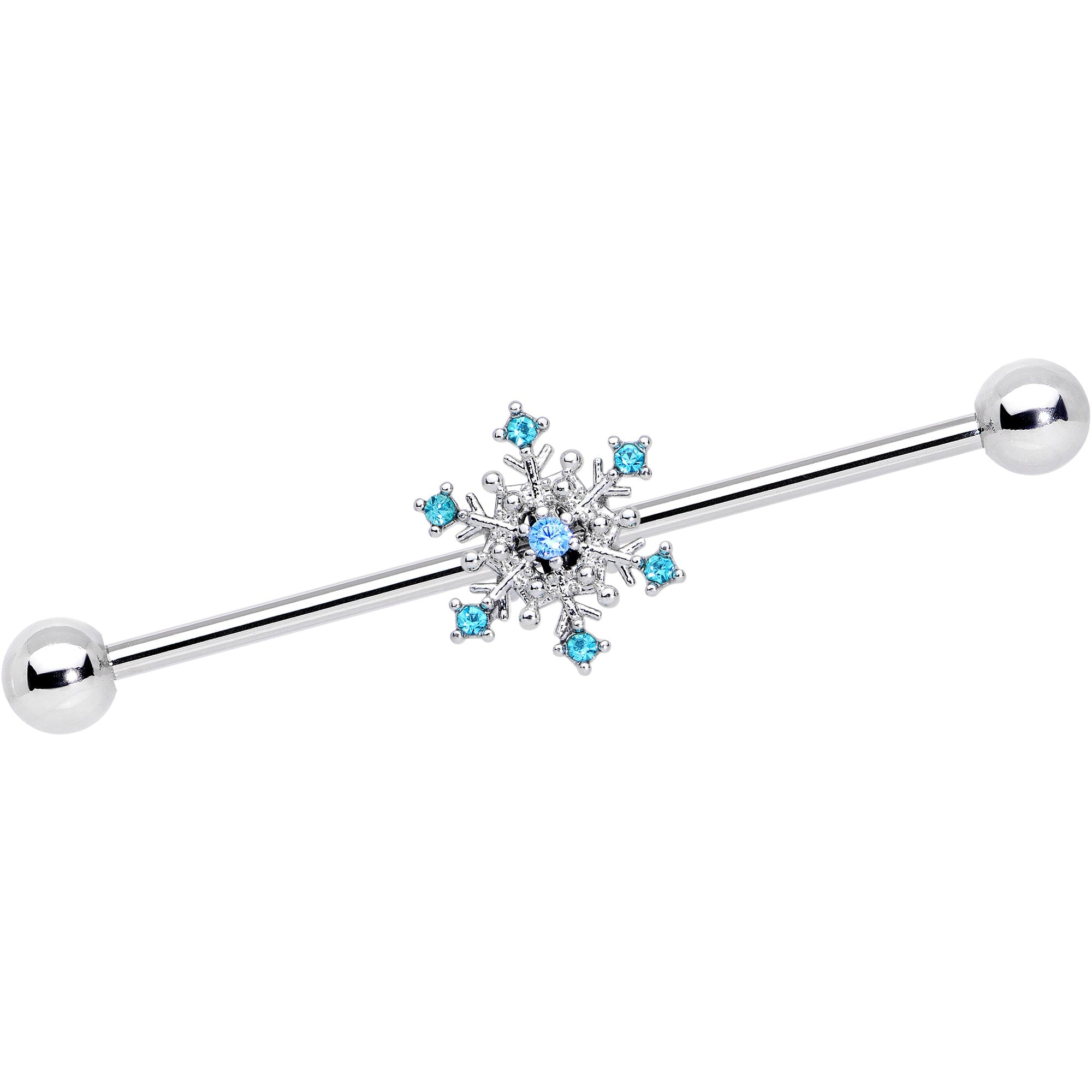 BodyCandy 14G Aqua Gem Snowflake Christmas Industrial Barbell 38mm — main product shot