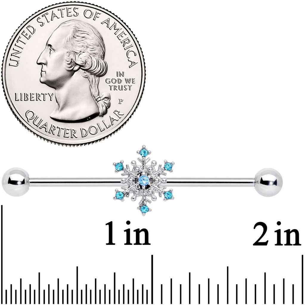 BodyCandy 14G Aqua Gem Snowflake Christmas Industrial Barbell 38mm — detail close-up