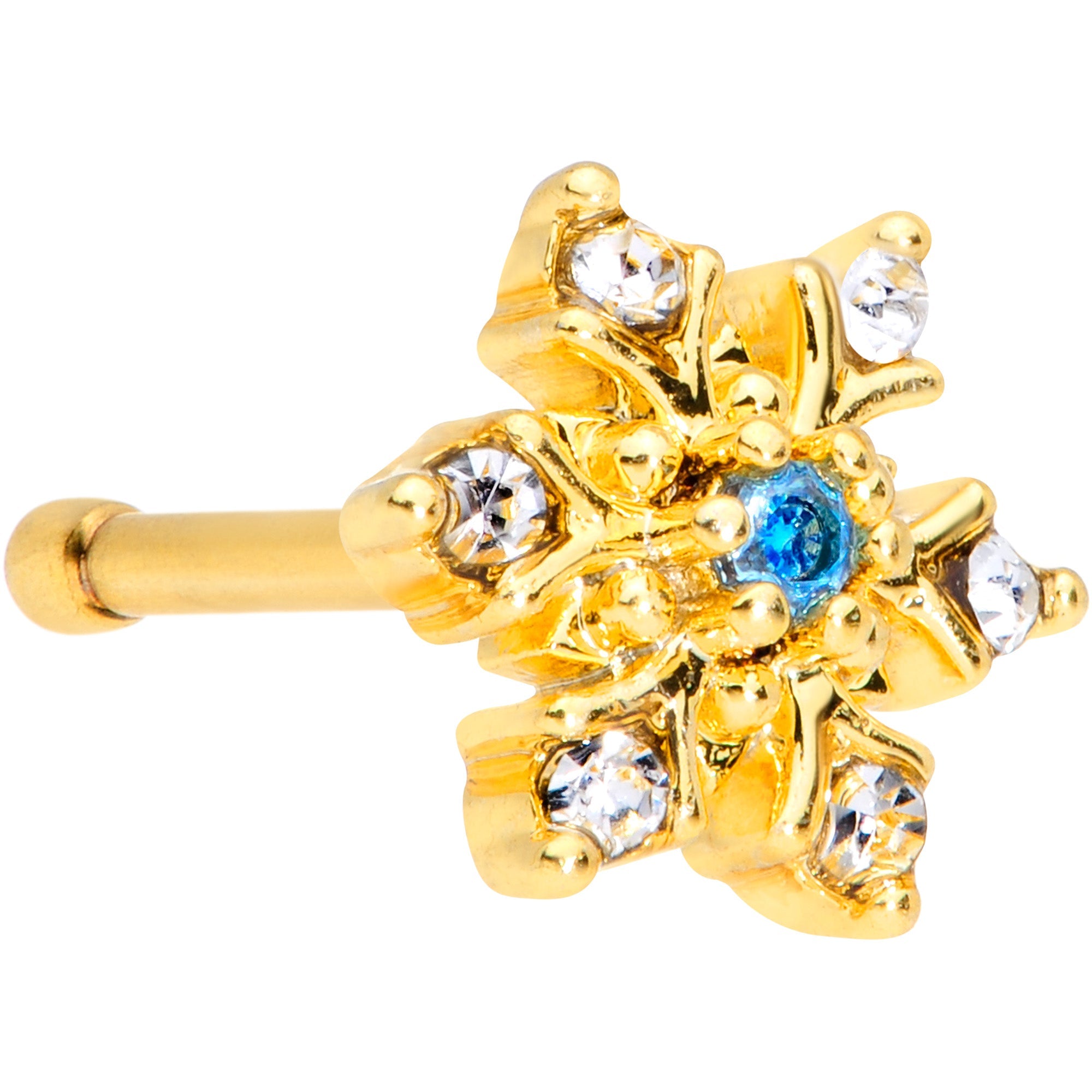 BodyCandy 20G 1/4 Blue CZ Gold Tone Snowflake Christmas Nose Bone — main product shot