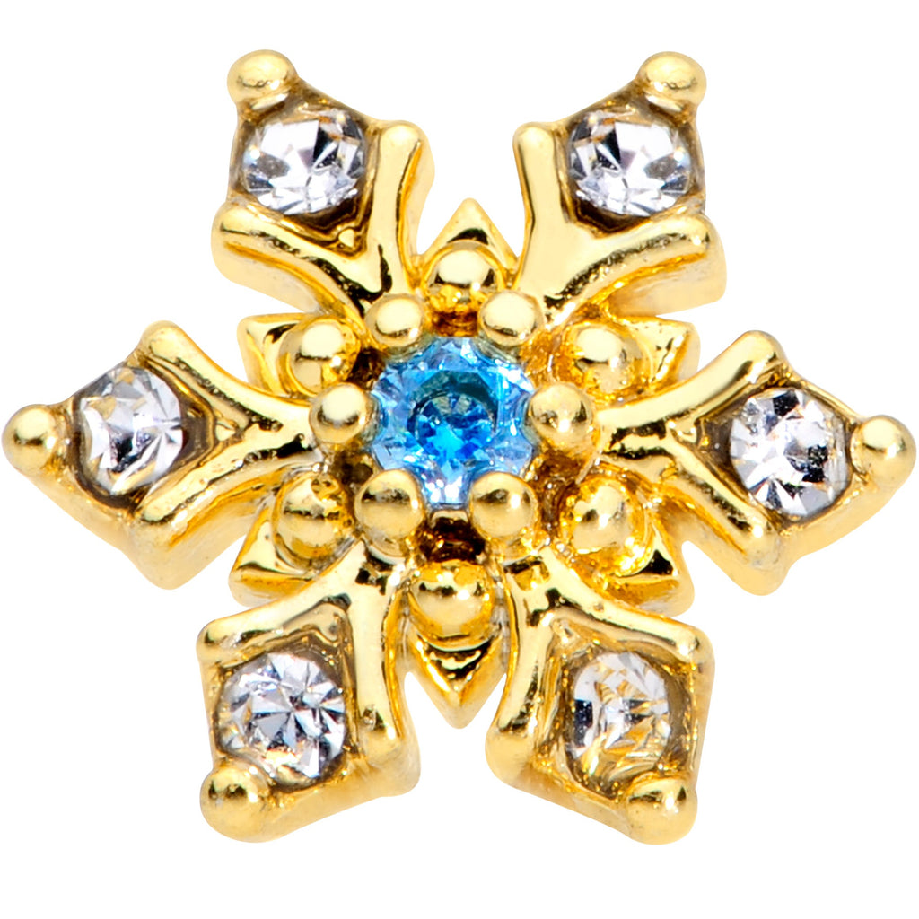 BodyCandy 20G 1/4 Blue CZ Gold Tone Snowflake Christmas Nose Bone — detail close-up