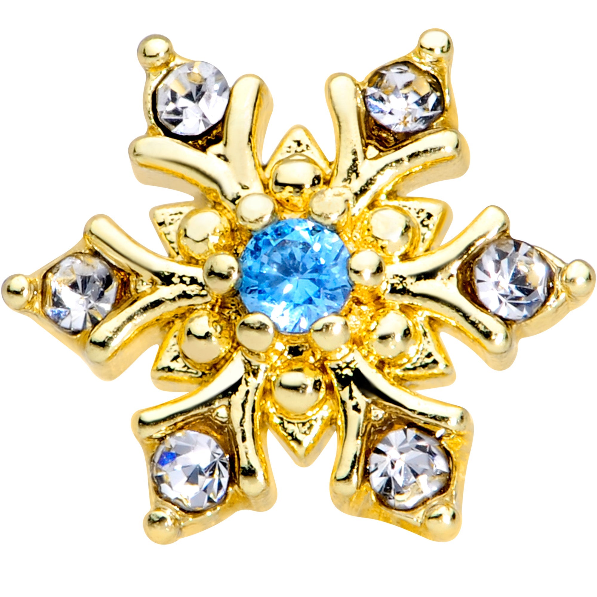 BodyCandy 16G 5/16 Blue CZ Gold Tone Snowflake Christmas Labret Tragus — detail close-up