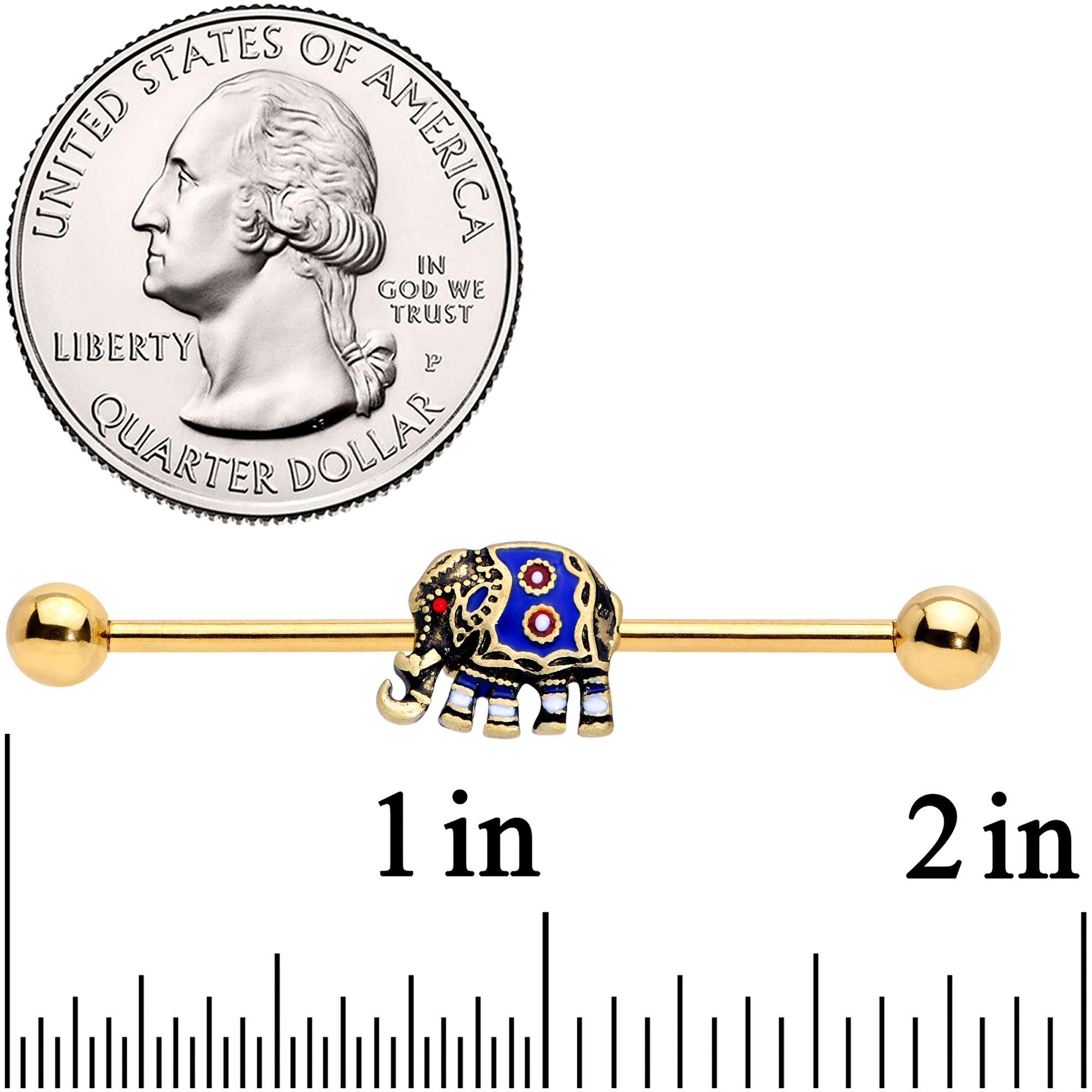 BodyCandy 14G Gold Tone Rococo Elephant Industrial Barbell 38mm — detail close-up