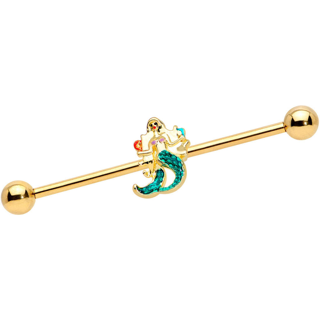 BodyCandy 14G Gold Tone Green Mermaid Industrial Barbell 38mm — main product shot