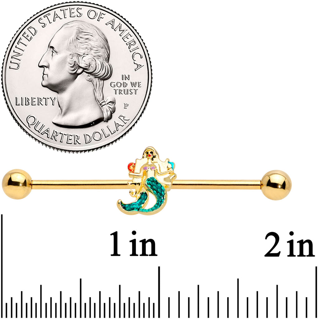 BodyCandy 14G Gold Tone Green Mermaid Industrial Barbell 38mm — detail close-up