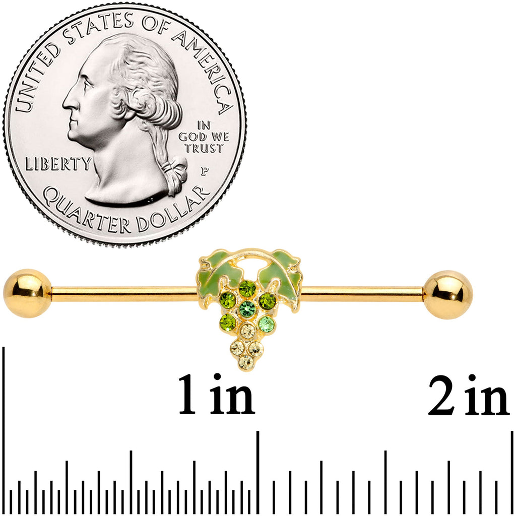 BodyCandy 14G Green Gem Gold Tone Bunch of Grapes Industrial Barbell 38mm — detail close-up