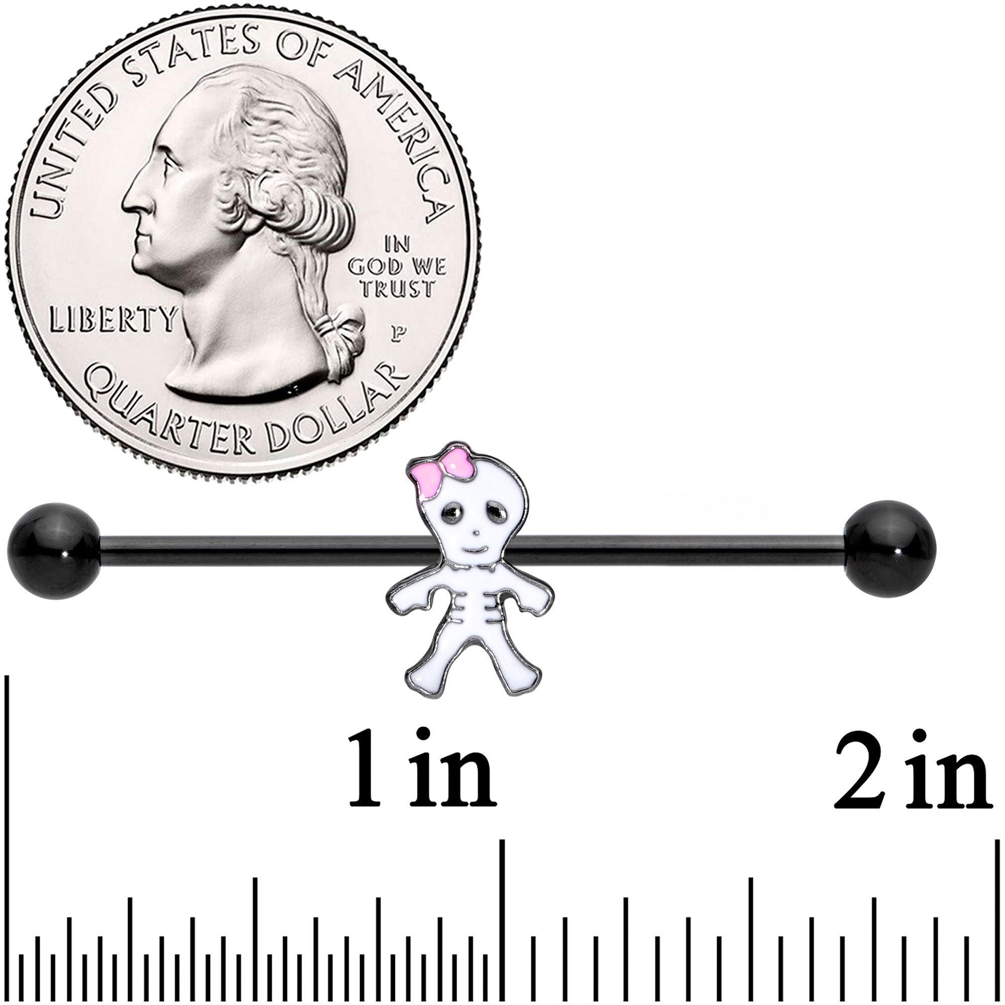BodyCandy 14G Black Skeleton Girl Halloween Industrial Barbell 38mm — detail close-up