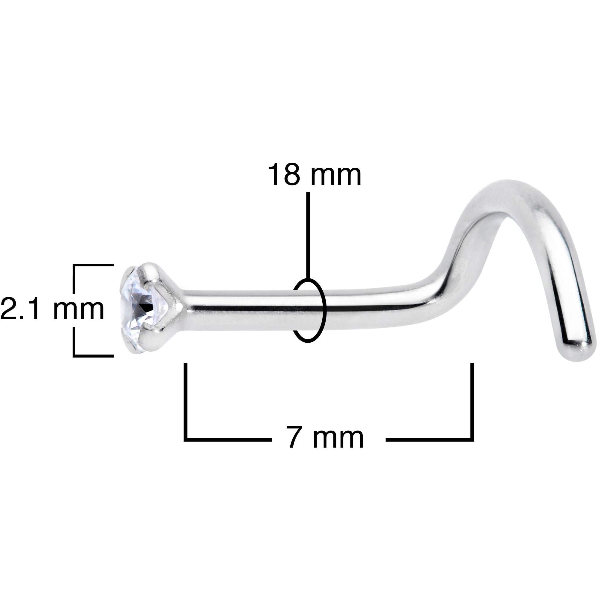 BodyCandy 18G 1/4 Clear 2mm CZ Gem Grade 23 Titanium Left Side Nose Screw — side view