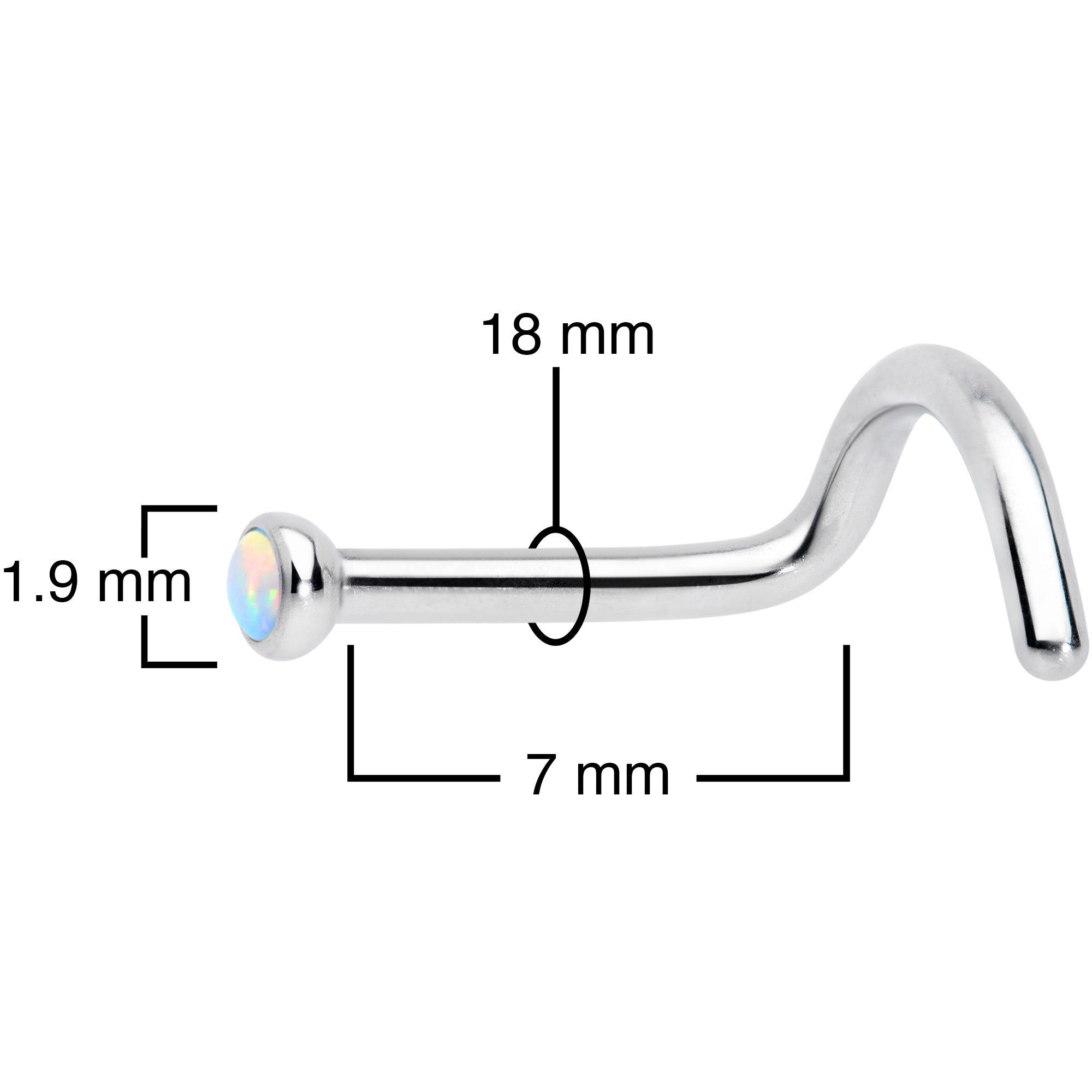 BodyCandy 18G 7mm White 2mm Synthetic Opal Titanium Left Nose Ring Screw — side view