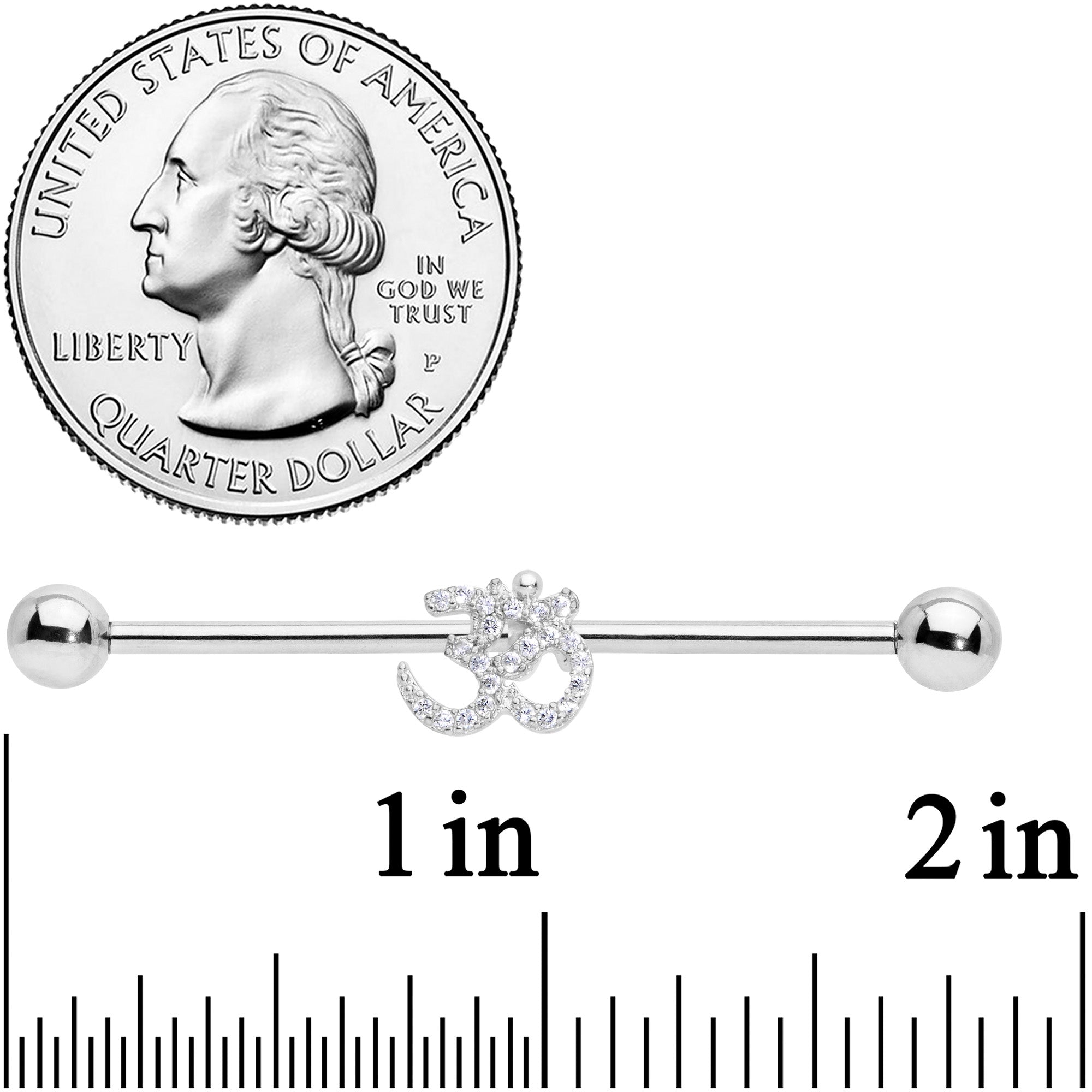 BodyCandy 14G Clear CZ Gem Amazing Om Industrial Barbell 38mm — detail close-up
