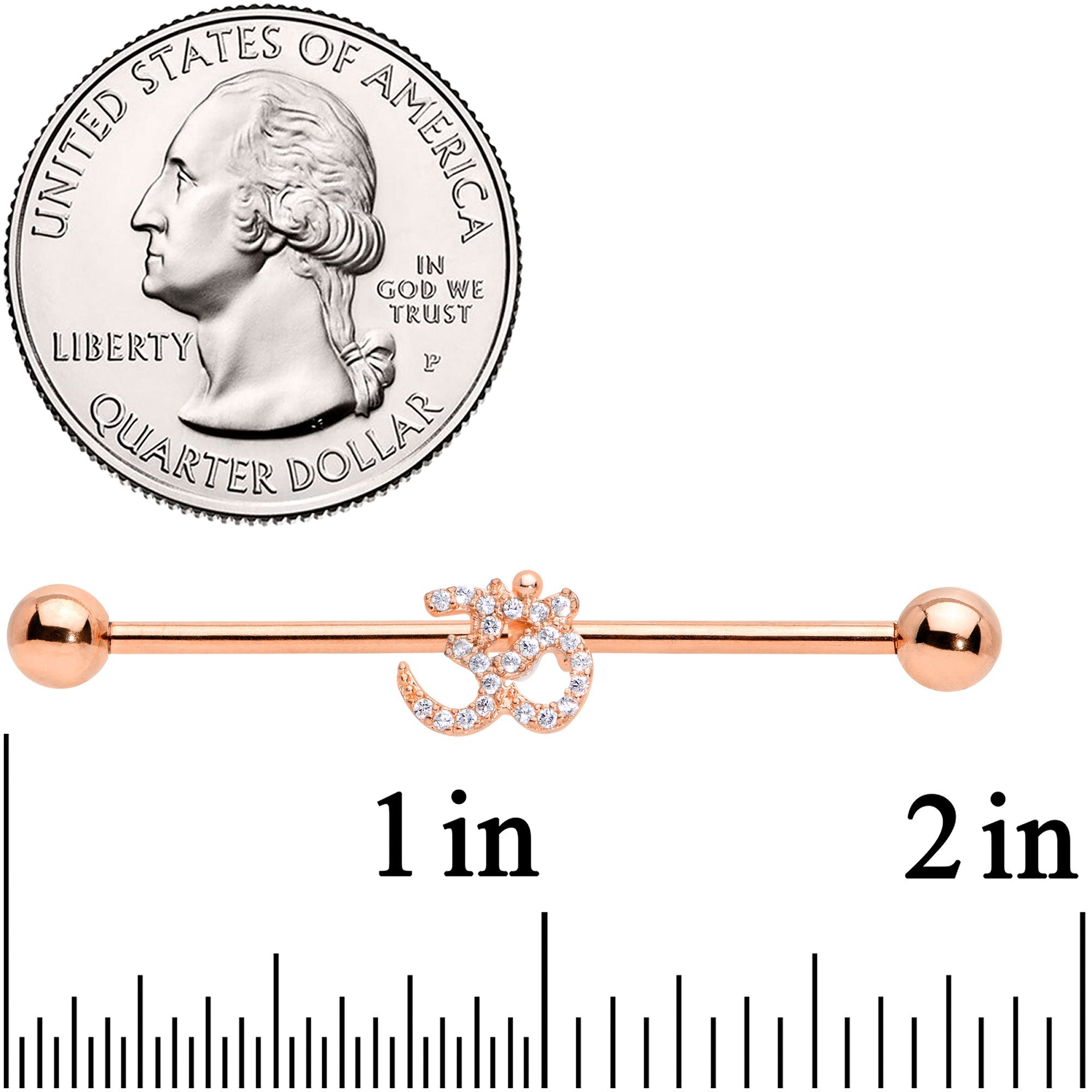 BodyCandy 14G Clear CZ Gem Rose Gold Hue Amazing Om Industrial Barbell 38mm — detail close-up