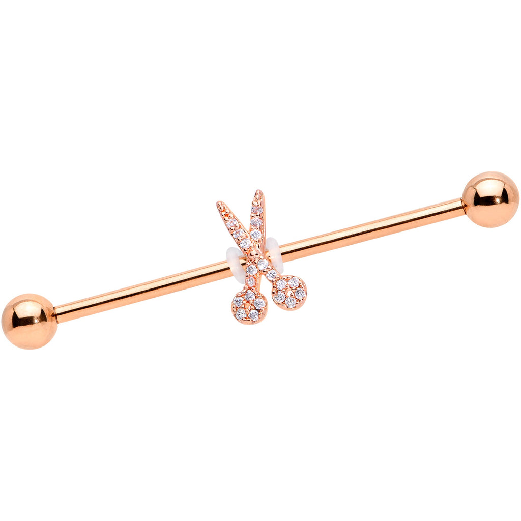 BodyCandy 14G Clear CZ Gem Rose Gold Tone Scissors Industrial Barbell 38mm — main product shot