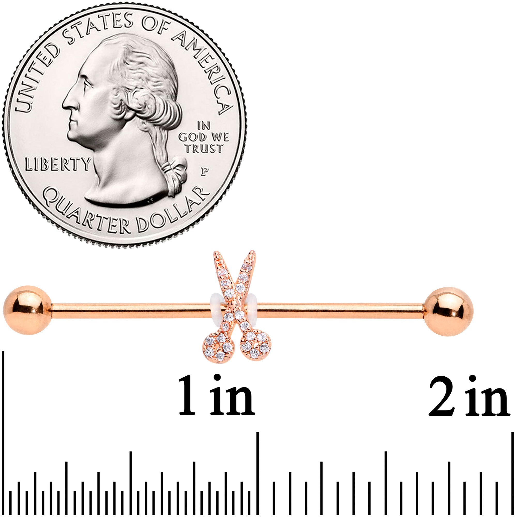 BodyCandy 14G Clear CZ Gem Rose Gold Tone Scissors Industrial Barbell 38mm — detail close-up