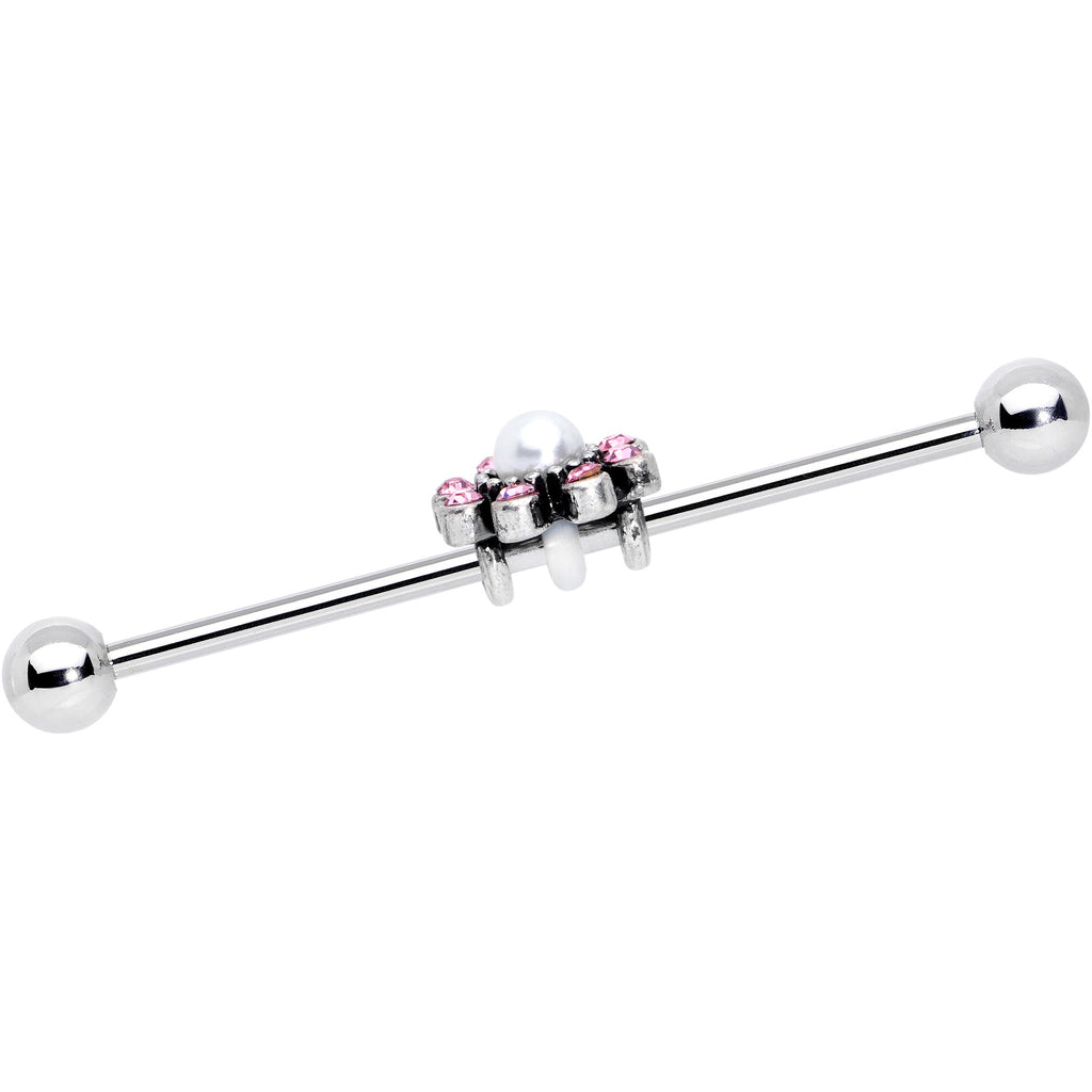 BodyCandy 14G Pink Gem Pearlescent Flower Industrial Barbell 38mm — detail close-up