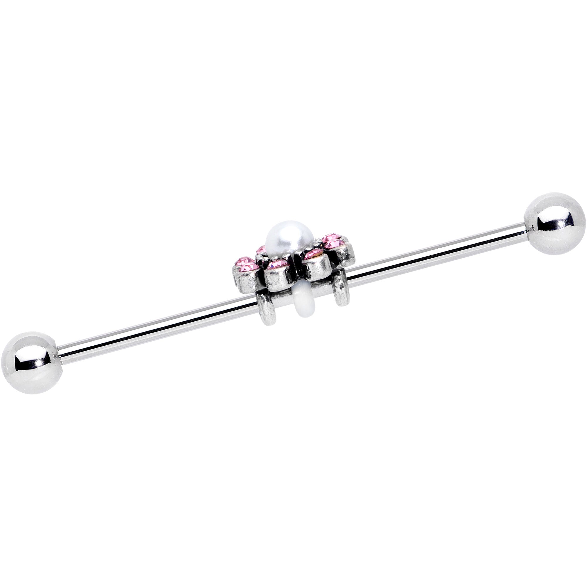 BodyCandy 14G Pink Gem Pearlescent Flower Industrial Barbell 38mm — detail close-up