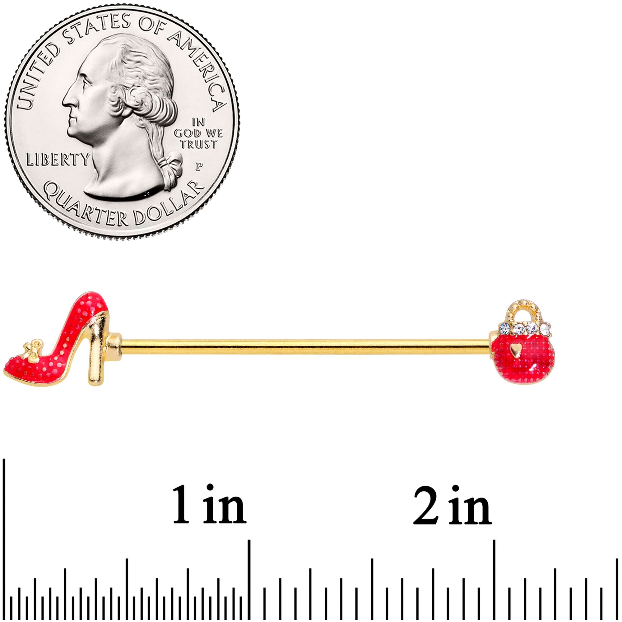 BodyCandy 14G Clear Gem Gold Tone Purse High Heel Industrial Barbell 38mm — detail close-up