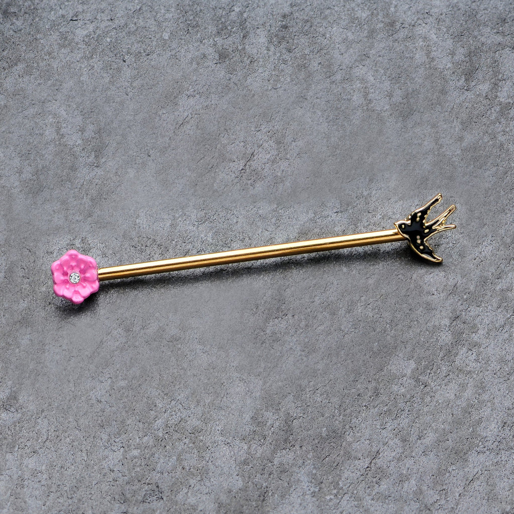 BodyCandy 14G Clear Gem Gold Tone Bird Flower Industrial Barbell 38mm — detail close-up