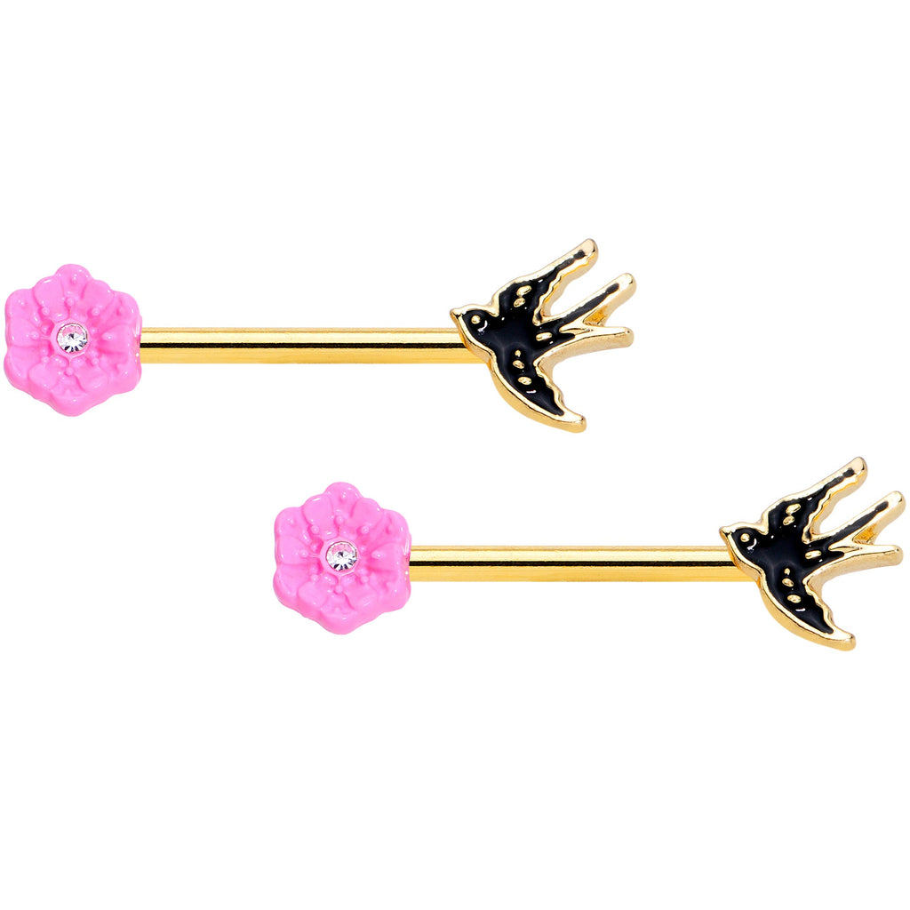 BodyCandy 14G 9/16 Clear Gem Gold Hue Tattoo Bird Flower Nipple Ring Set — main product shot