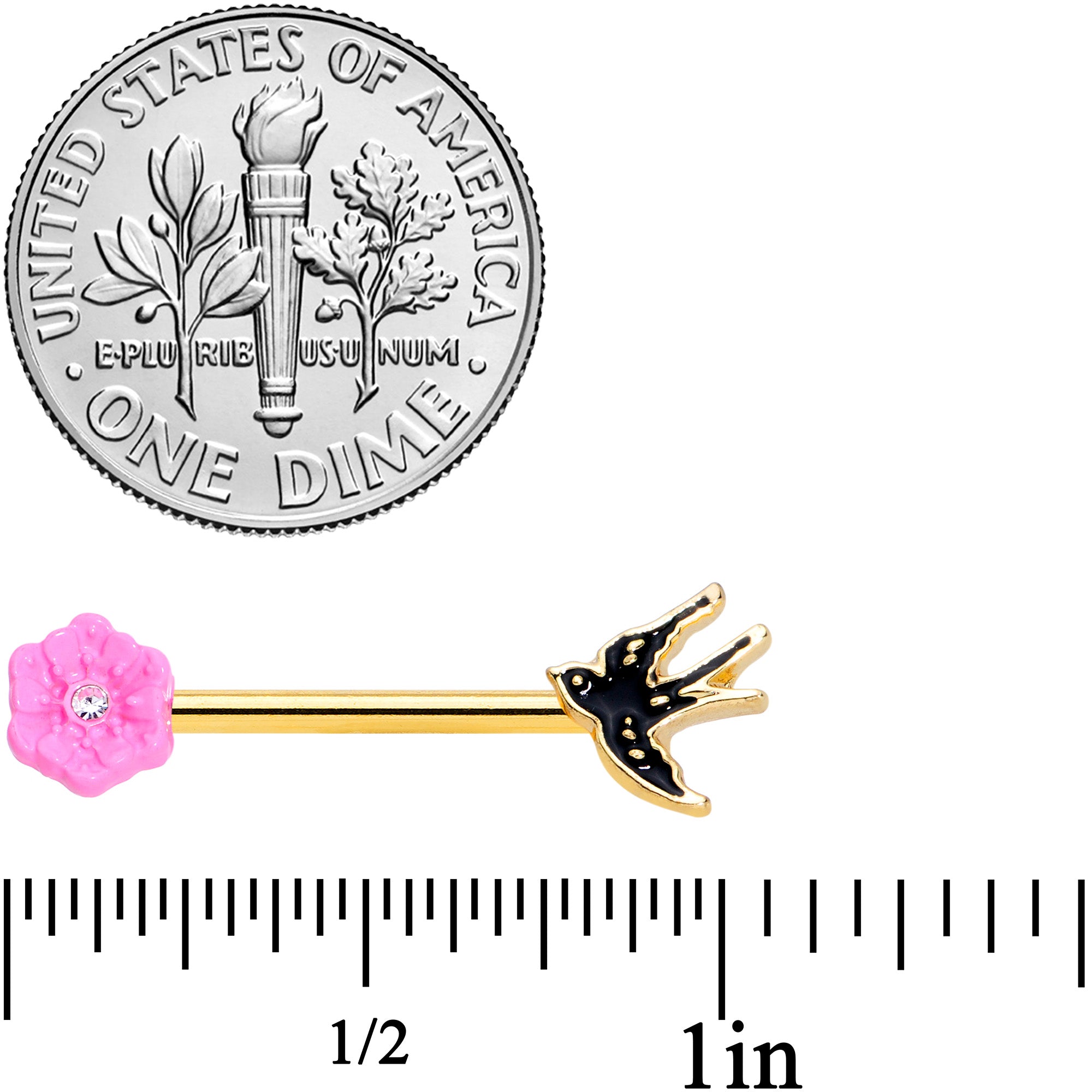 BodyCandy 14G 9/16 Clear Gem Gold Hue Tattoo Bird Flower Nipple Ring Set — detail close-up