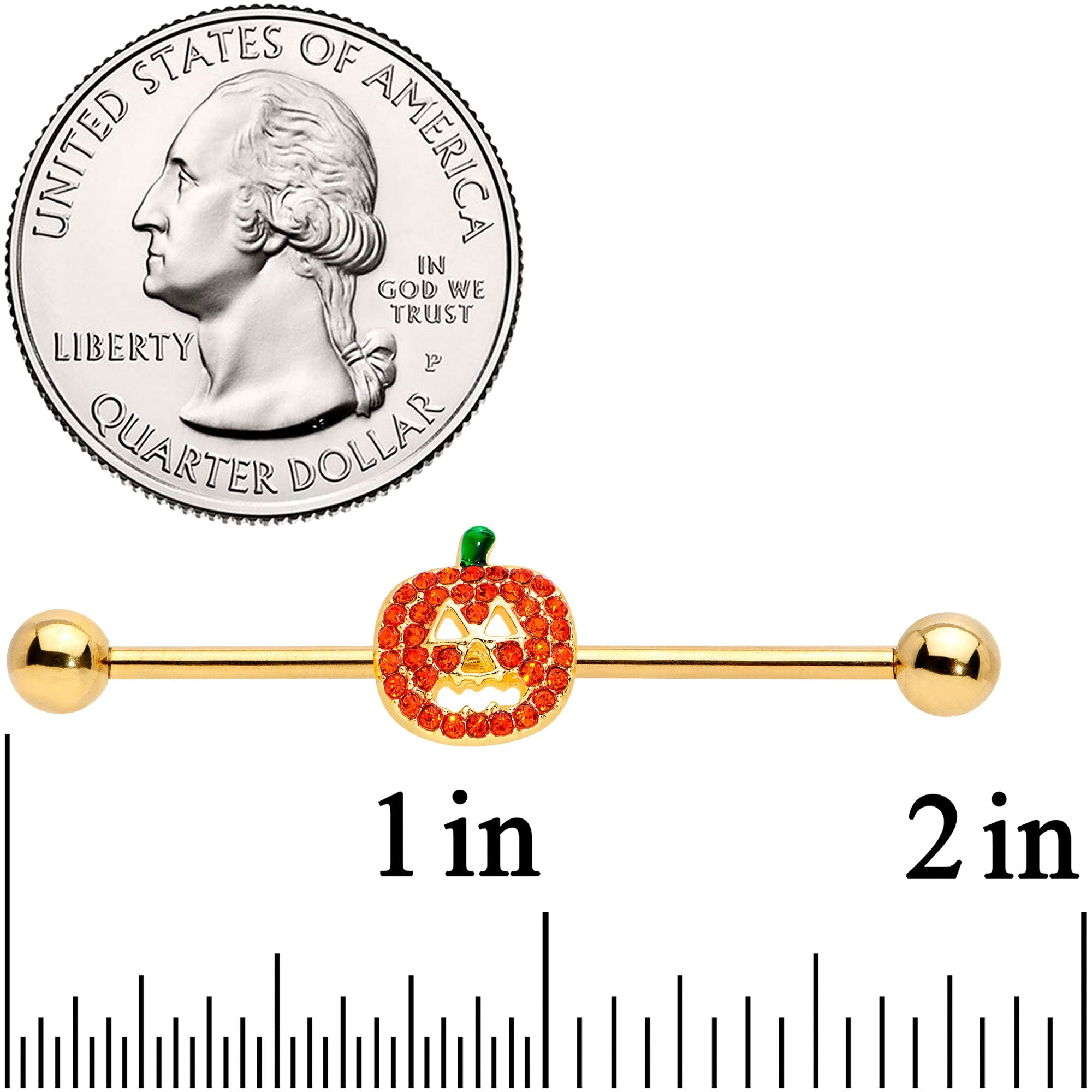 BodyCandy 14G Orange Gem Gold Tone Jack O Lantern Industrial Barbell 38mm — detail close-up