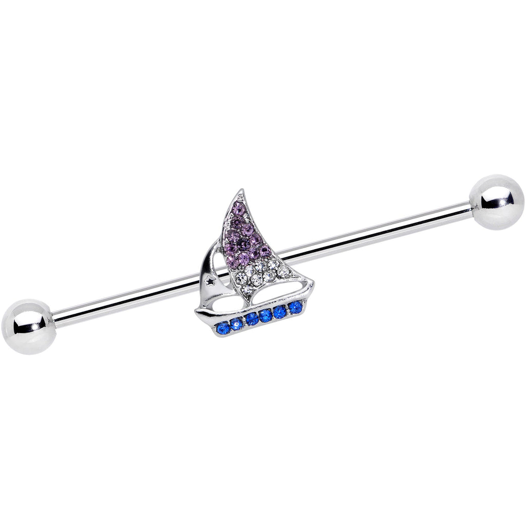 BodyCandy 14G Blue Purple Clear Gem Sailboat Industrial Barbell 38mm — main product shot