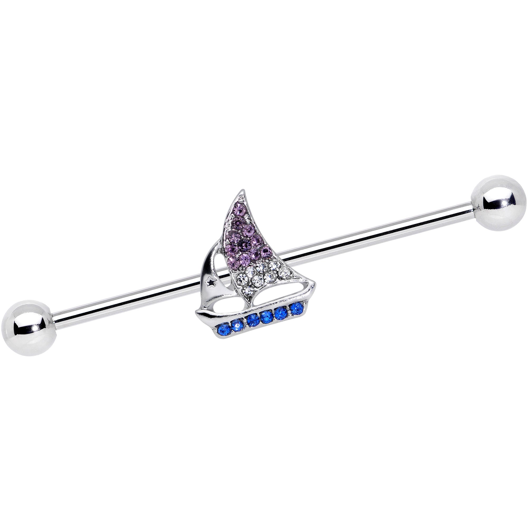 BodyCandy 14G Blue Purple Clear Gem Sailboat Industrial Barbell 38mm — main product shot