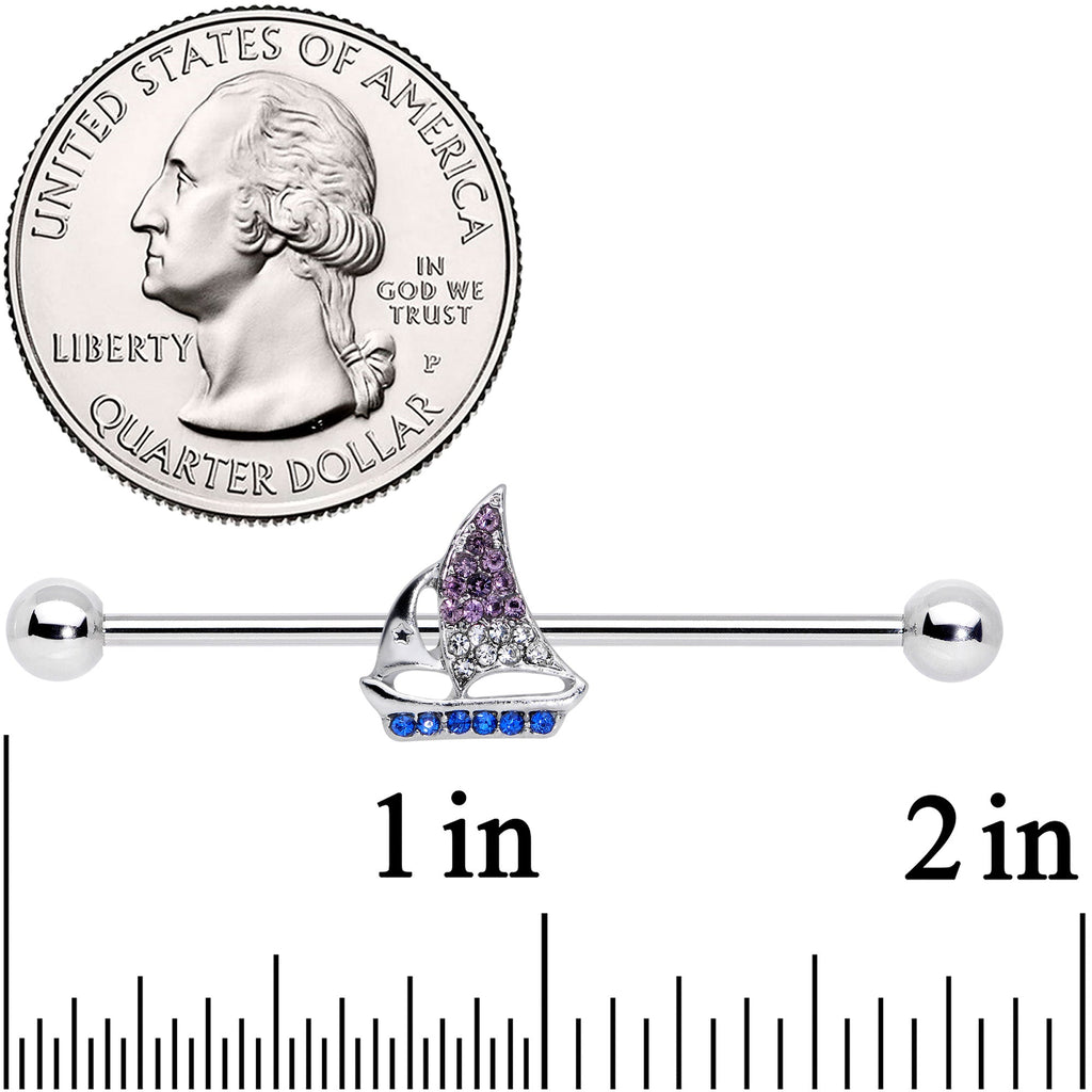 BodyCandy 14G Blue Purple Clear Gem Sailboat Industrial Barbell 38mm — detail close-up