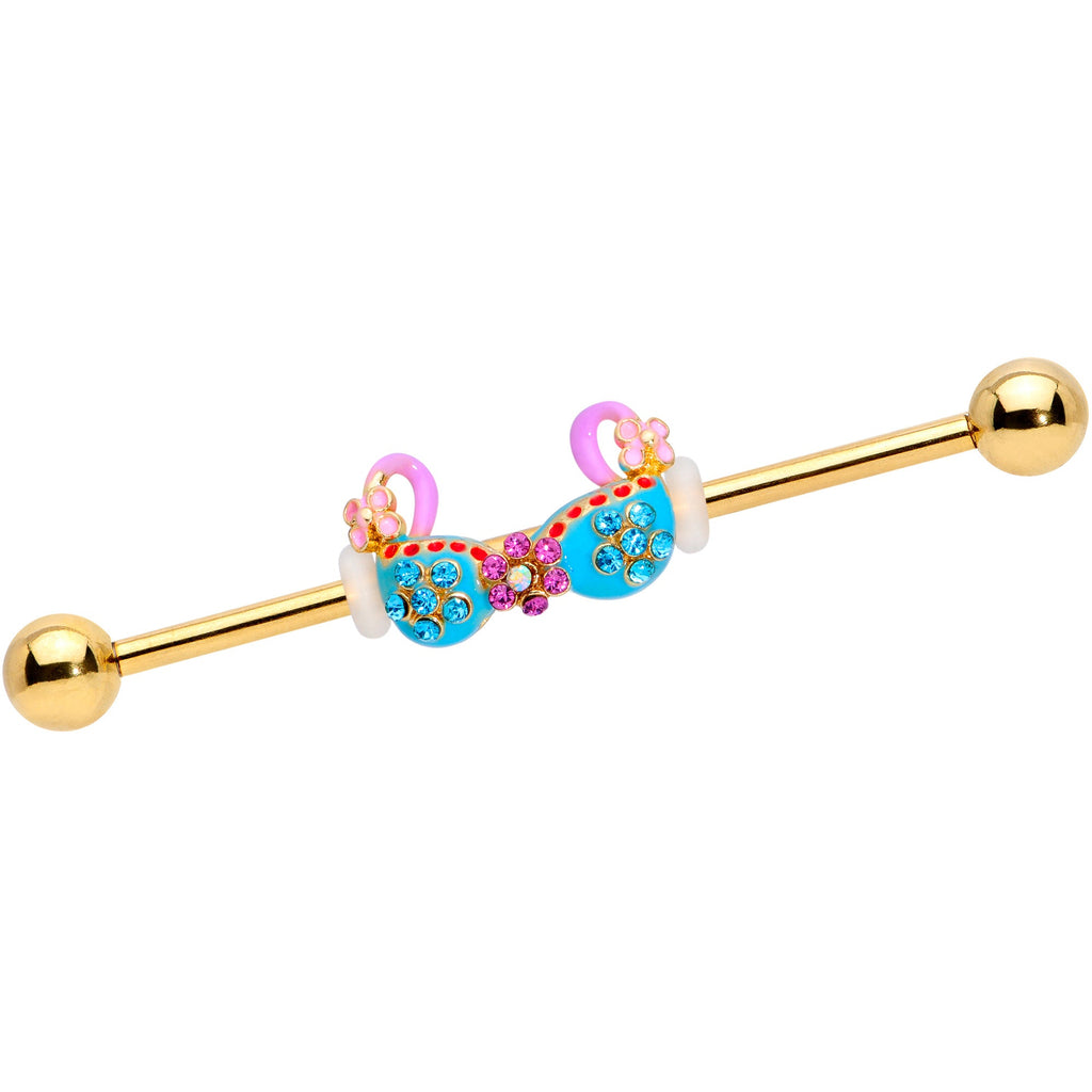 BodyCandy 14G Aqua Pink Gem Gold Tone Bikini Top Industrial Barbell 38mm — main product shot