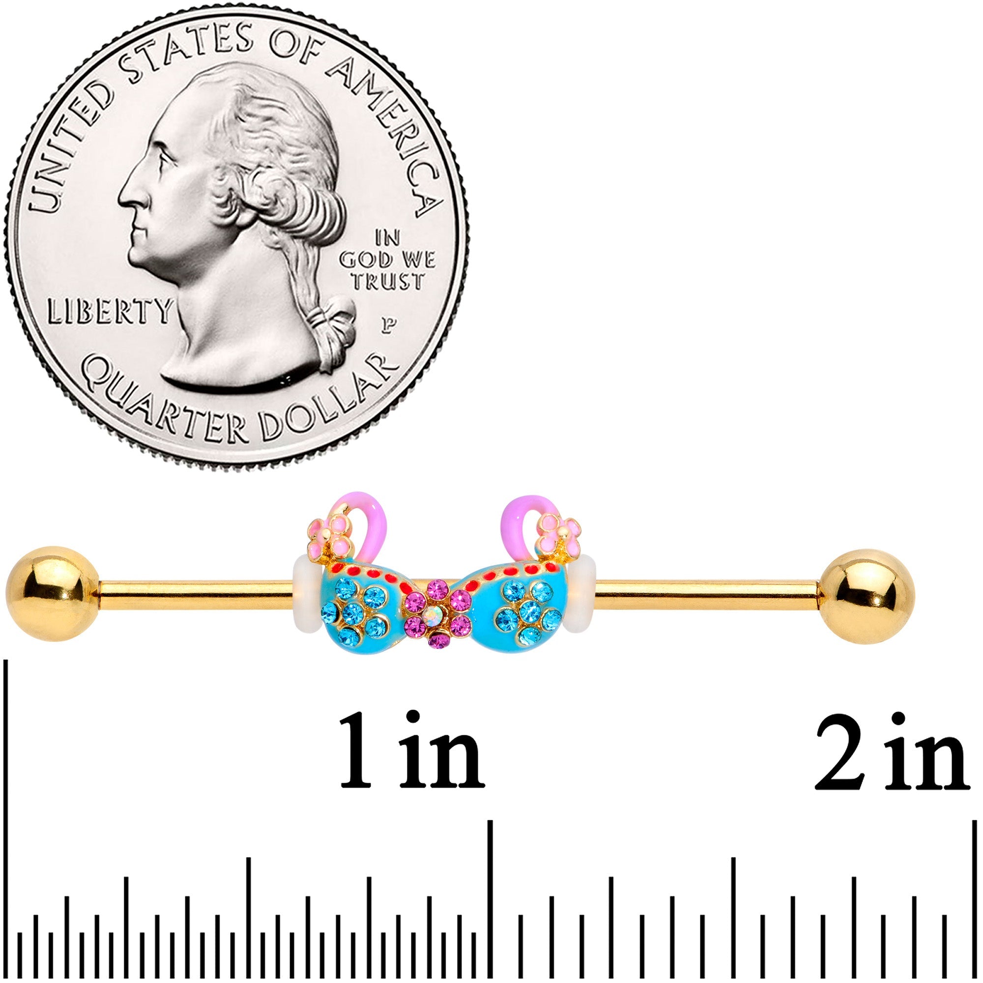 BodyCandy 14G Aqua Pink Gem Gold Tone Bikini Top Industrial Barbell 38mm — detail close-up