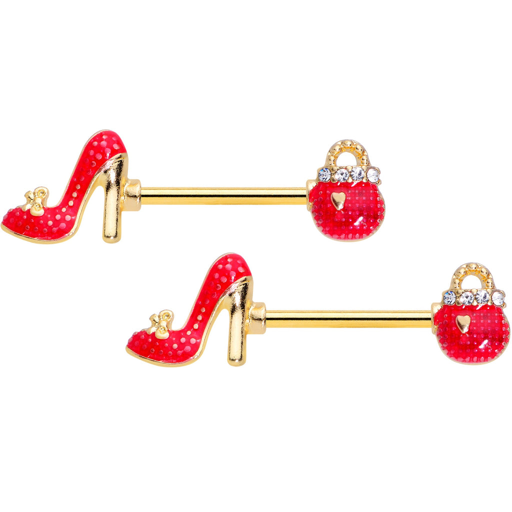BodyCandy 14G 5/8 Clear Gem Gold Tone Purse High Heel Nipple Ring Set — main product shot