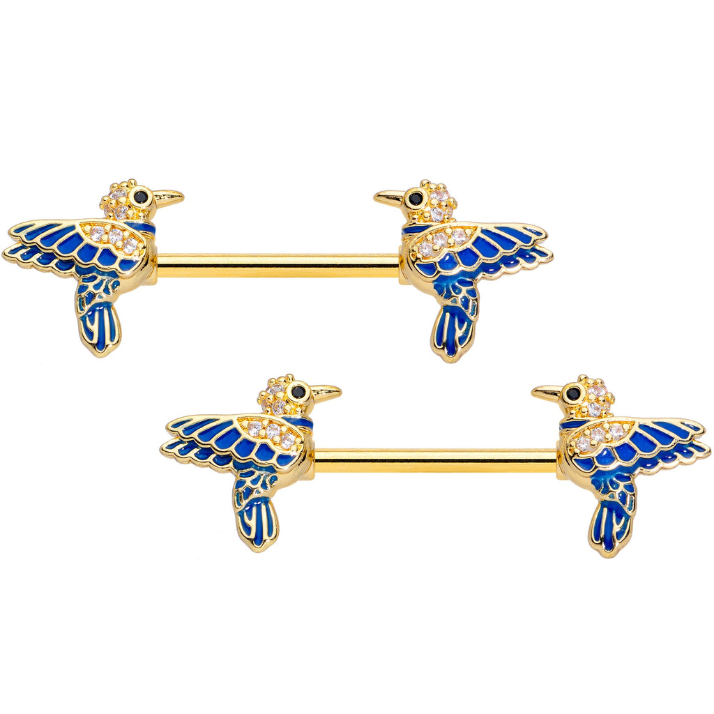 BodyCandy 14G 5/8 Clear Gem Gold Tone Blue Bird Barbell Nipple Ring Set — main product shot