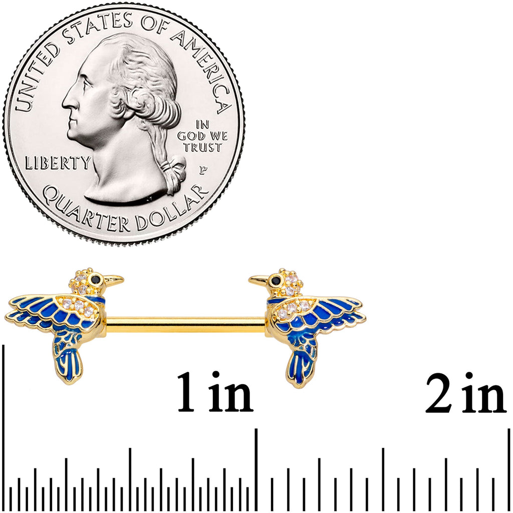 BodyCandy 14G 5/8 Clear Gem Gold Tone Blue Bird Barbell Nipple Ring Set — detail close-up