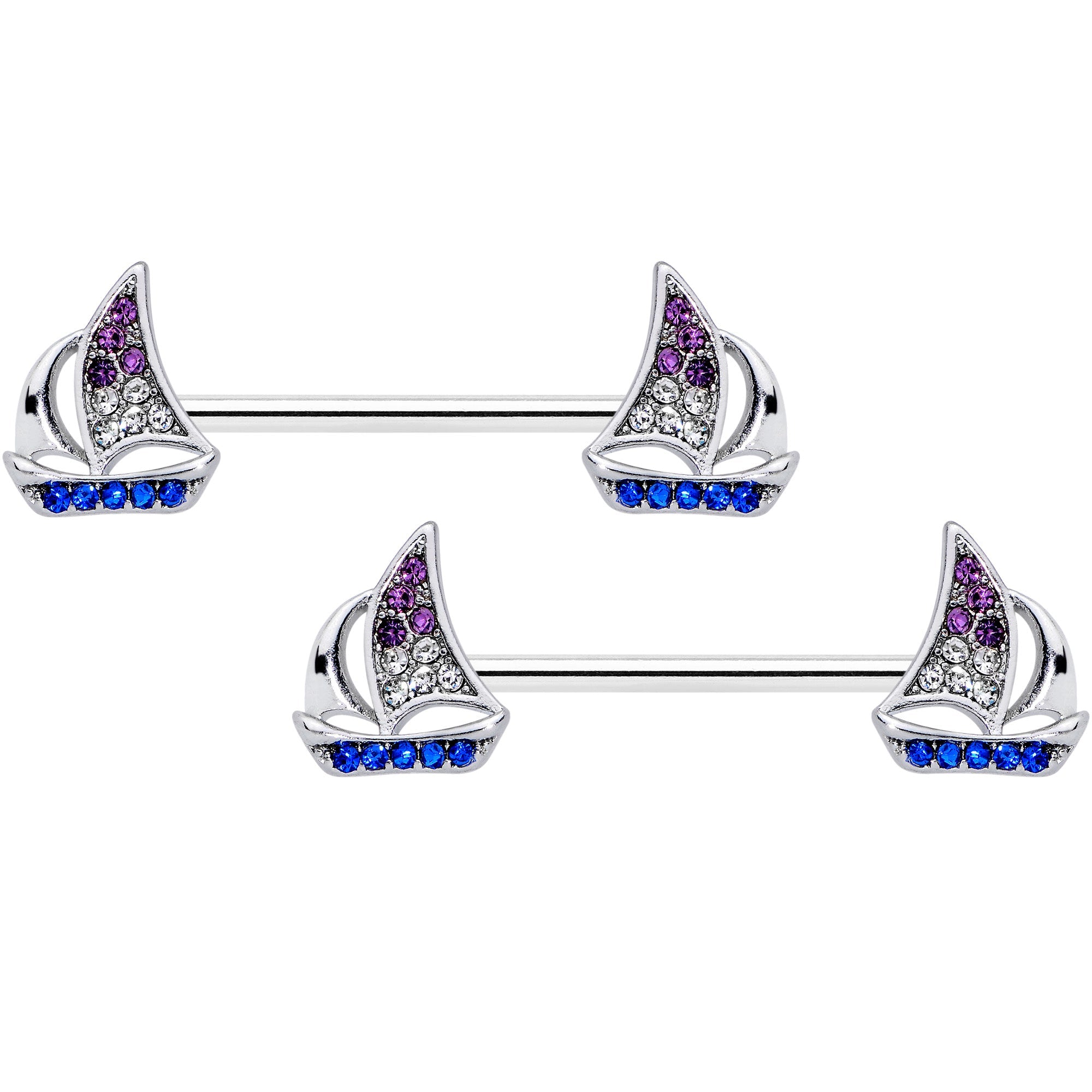 BodyCandy 14G 5/8 Blue Purple Clear Gem Sailboat Barbell Nipple Ring Set — main product shot