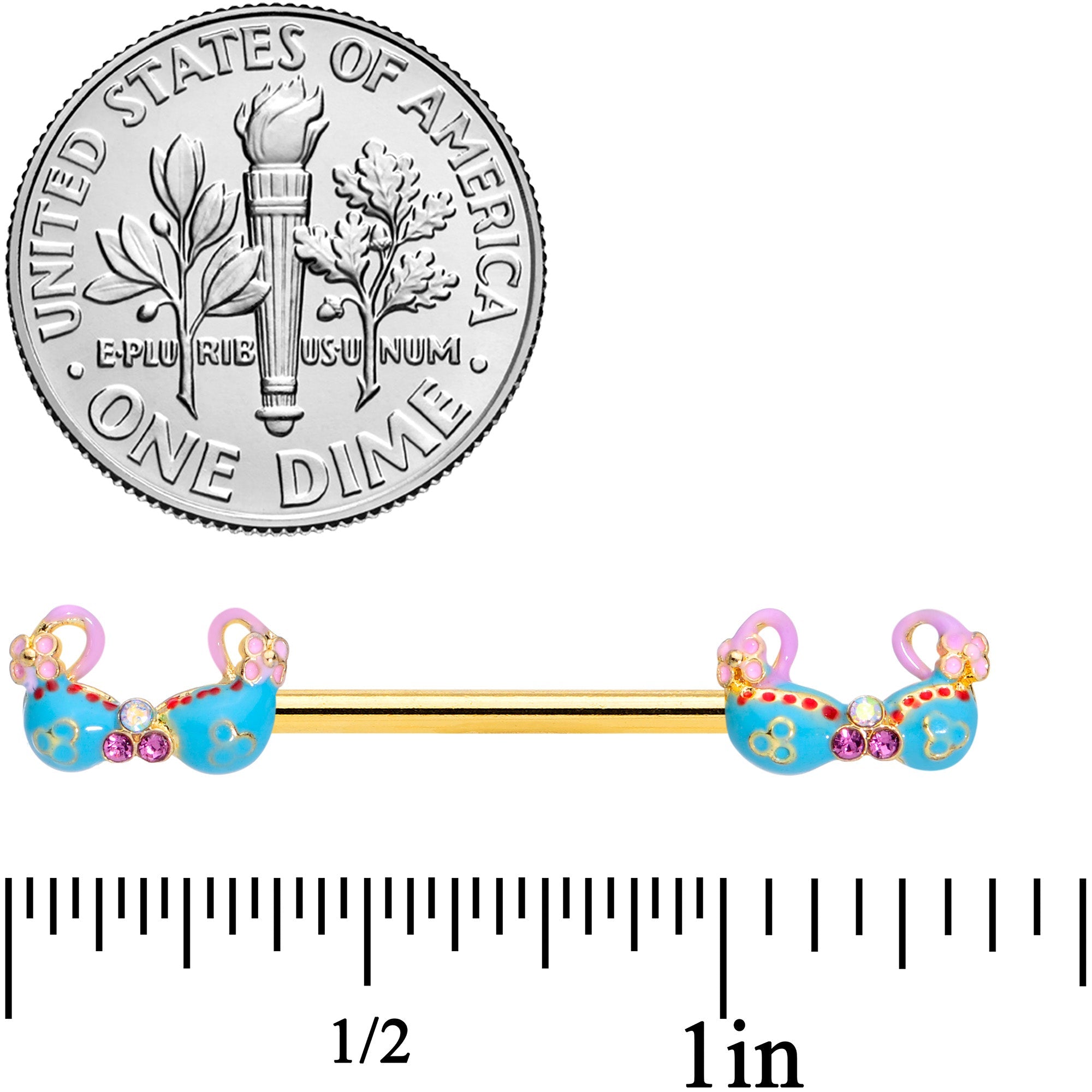 BodyCandy 14G 5/8 Pink Gem Gold Tone Bikini Top Barbell Nipple Ring Set — detail close-up