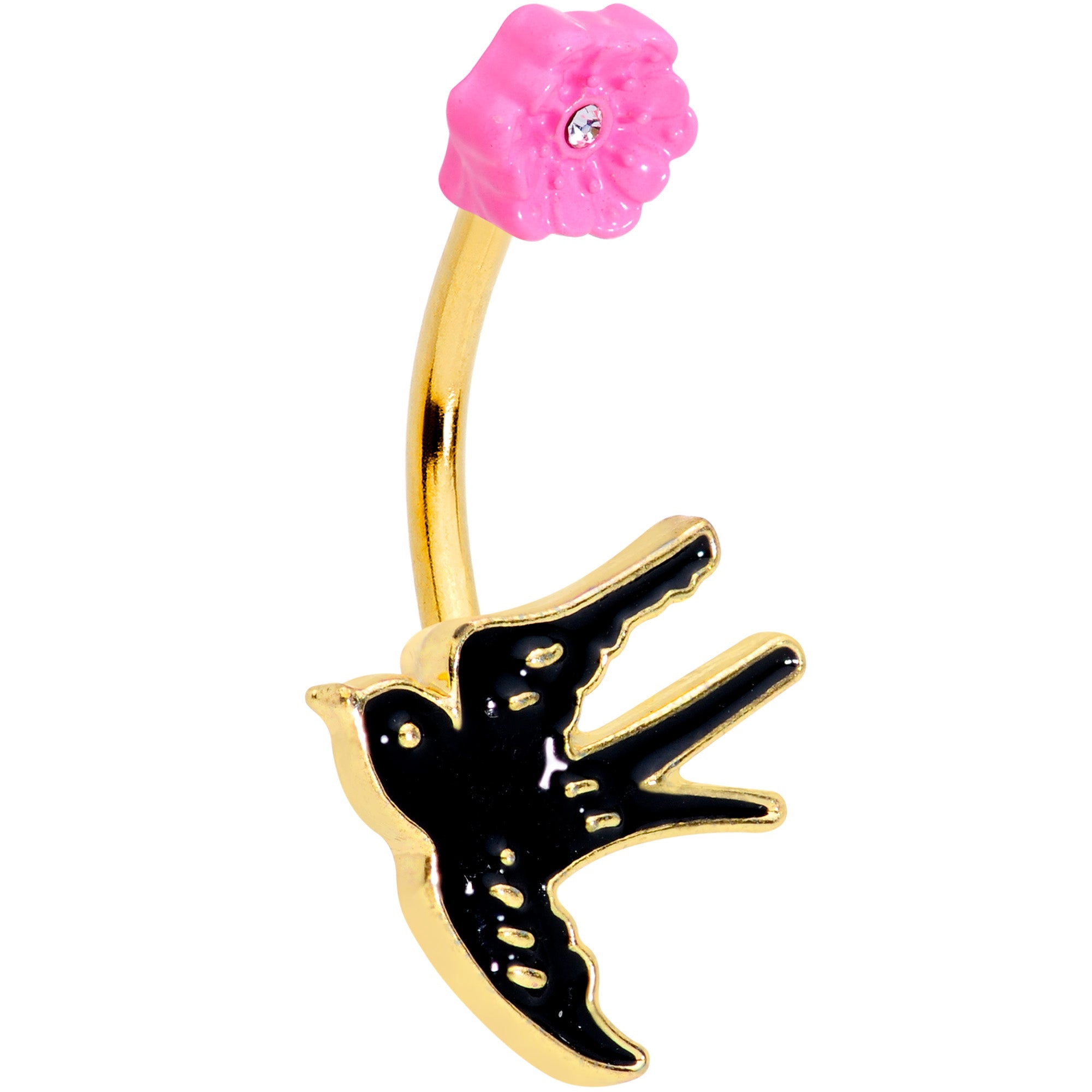 BodyCandy Clear Gem Gold Tone Tattoo Bird Pink Flower Belly Ring — main product shot