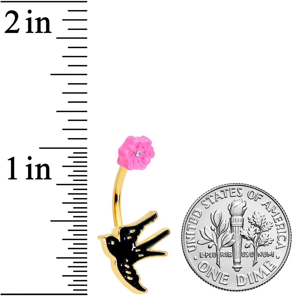 BodyCandy Clear Gem Gold Tone Tattoo Bird Pink Flower Belly Ring — detail close-up