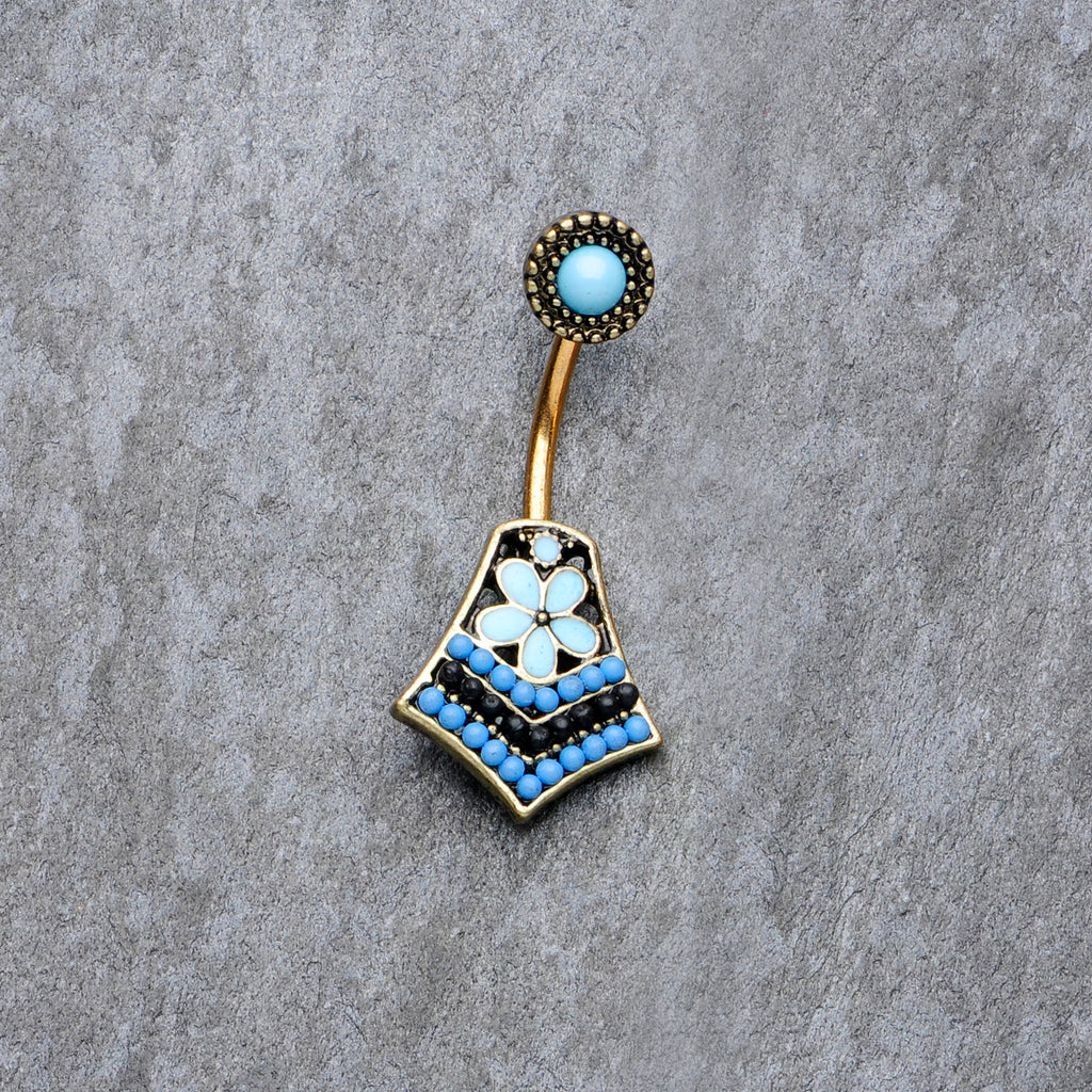 BodyCandy Gold Tone Shades of Blue Geometric Double Mount Belly Ring — detail close-up