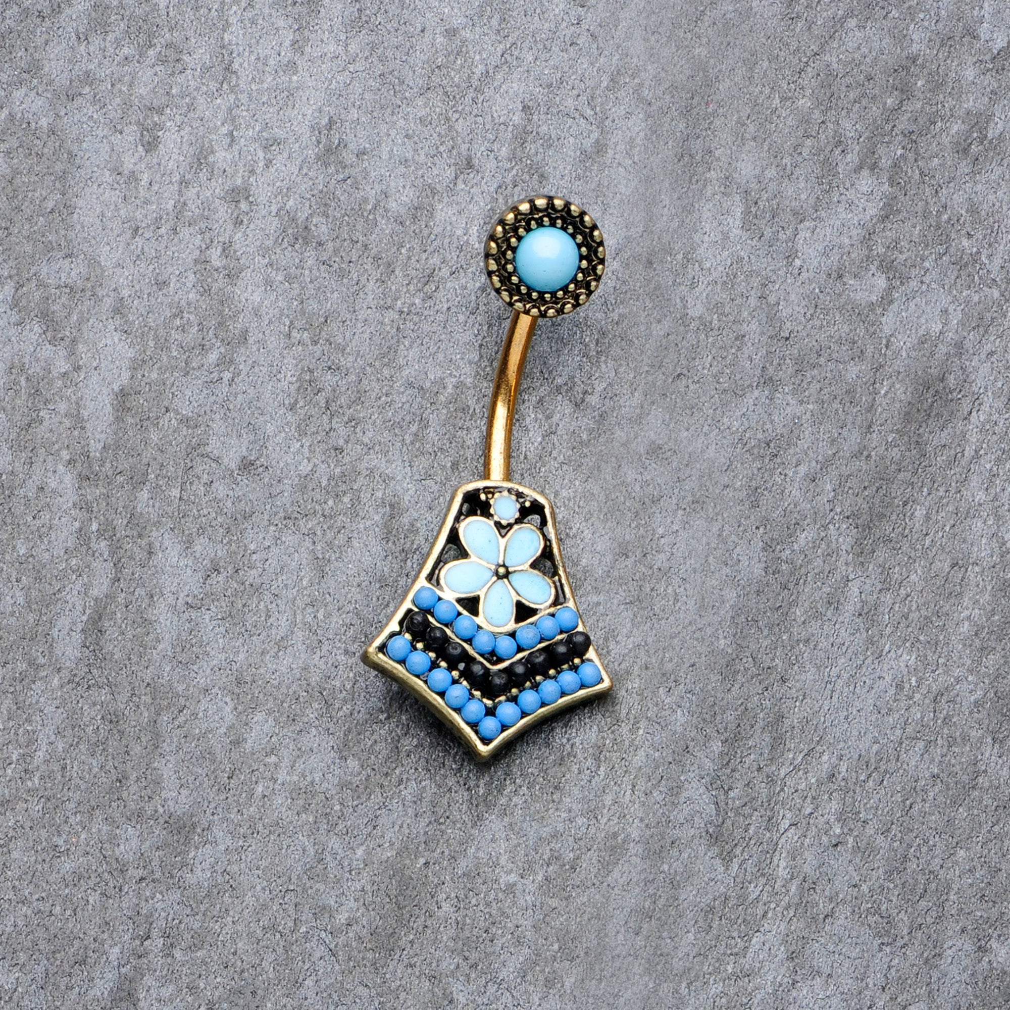 BodyCandy Gold Tone Shades of Blue Geometric Double Mount Belly Ring — detail close-up